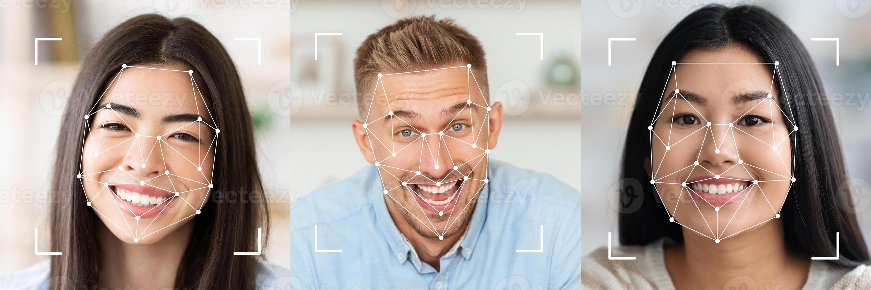 A collage displaying diverse faces with facial recognition technology overlays. Each person shows a unique expression, highlighting the advancement in identification technology. photo