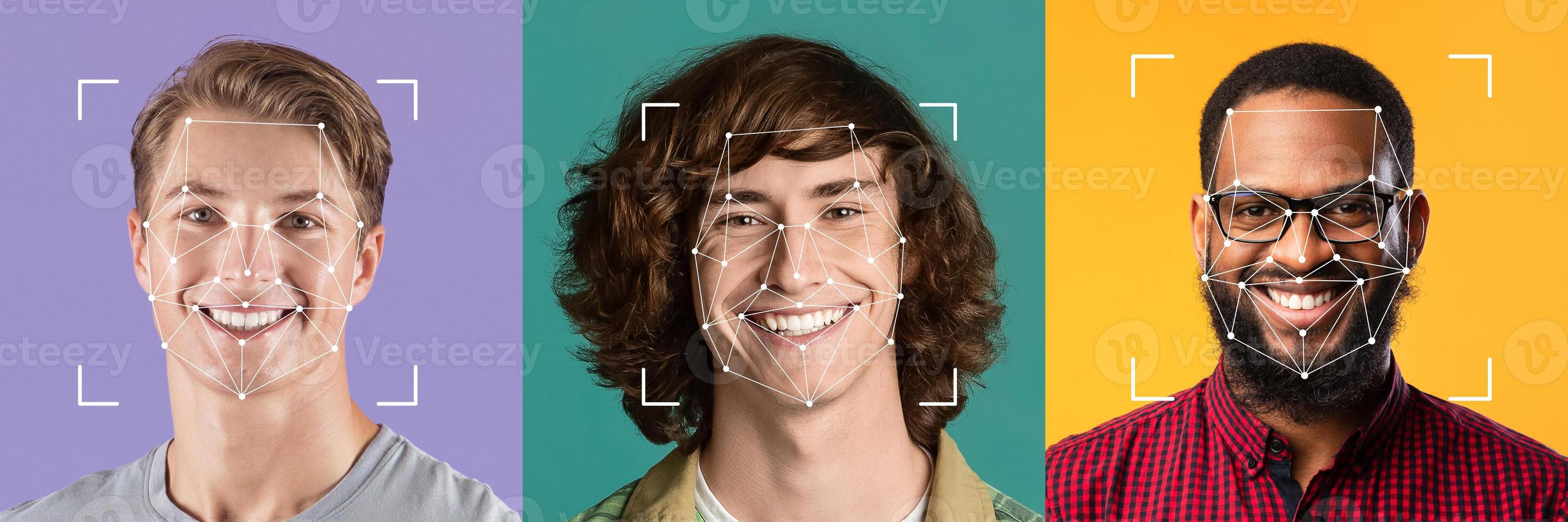 Three diverse individuals smile at the camera, their faces highlighted by facial recognition overlays. This showcases the use of technology for identity verification in modern society. photo