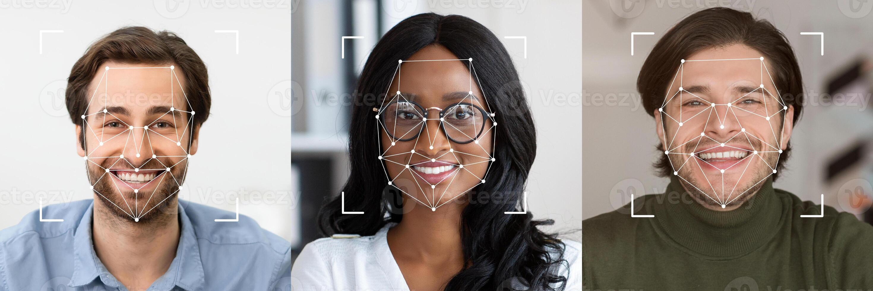 A collage displaying diverse faces, highlighting facial recognition technology's capabilities. Each person smiles, showcasing their unique features in a contemporary setting. photo