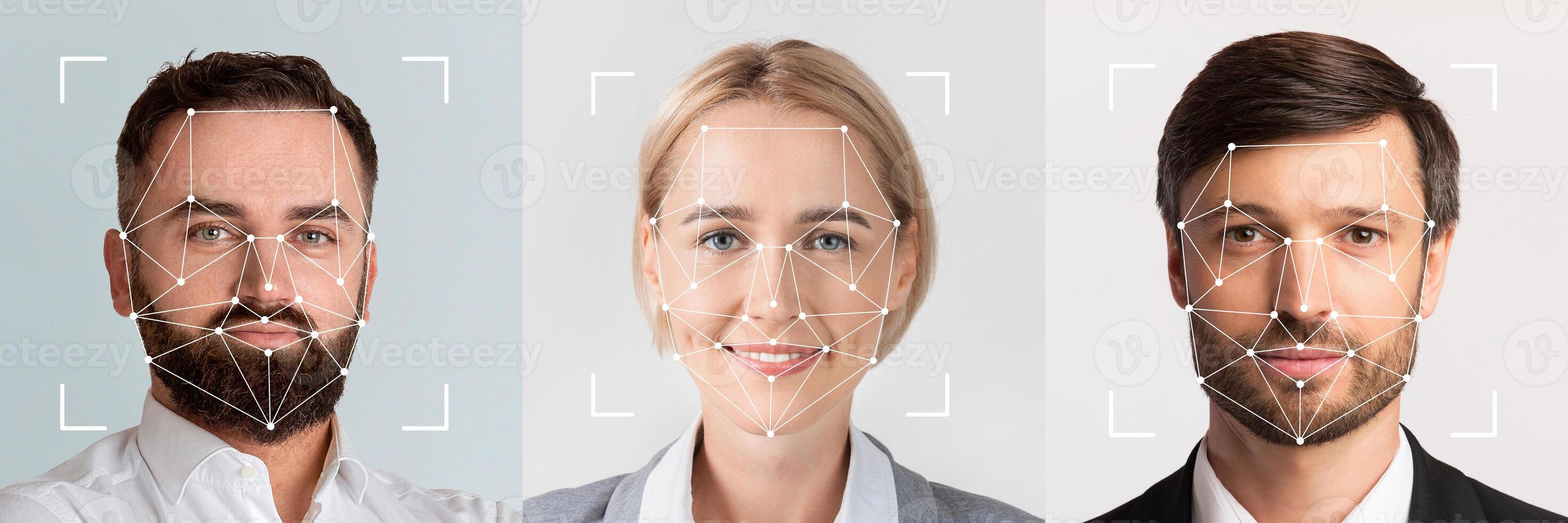 Three diverse faces are featured, demonstrating advanced facial identification technology. photo