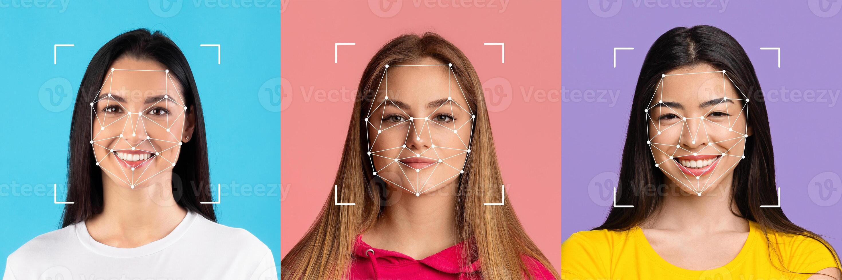 Three individuals with diverse backgrounds are highlighted against colorful backgrounds, demonstrating the potential of facial recognition technology for identification and analysis. photo