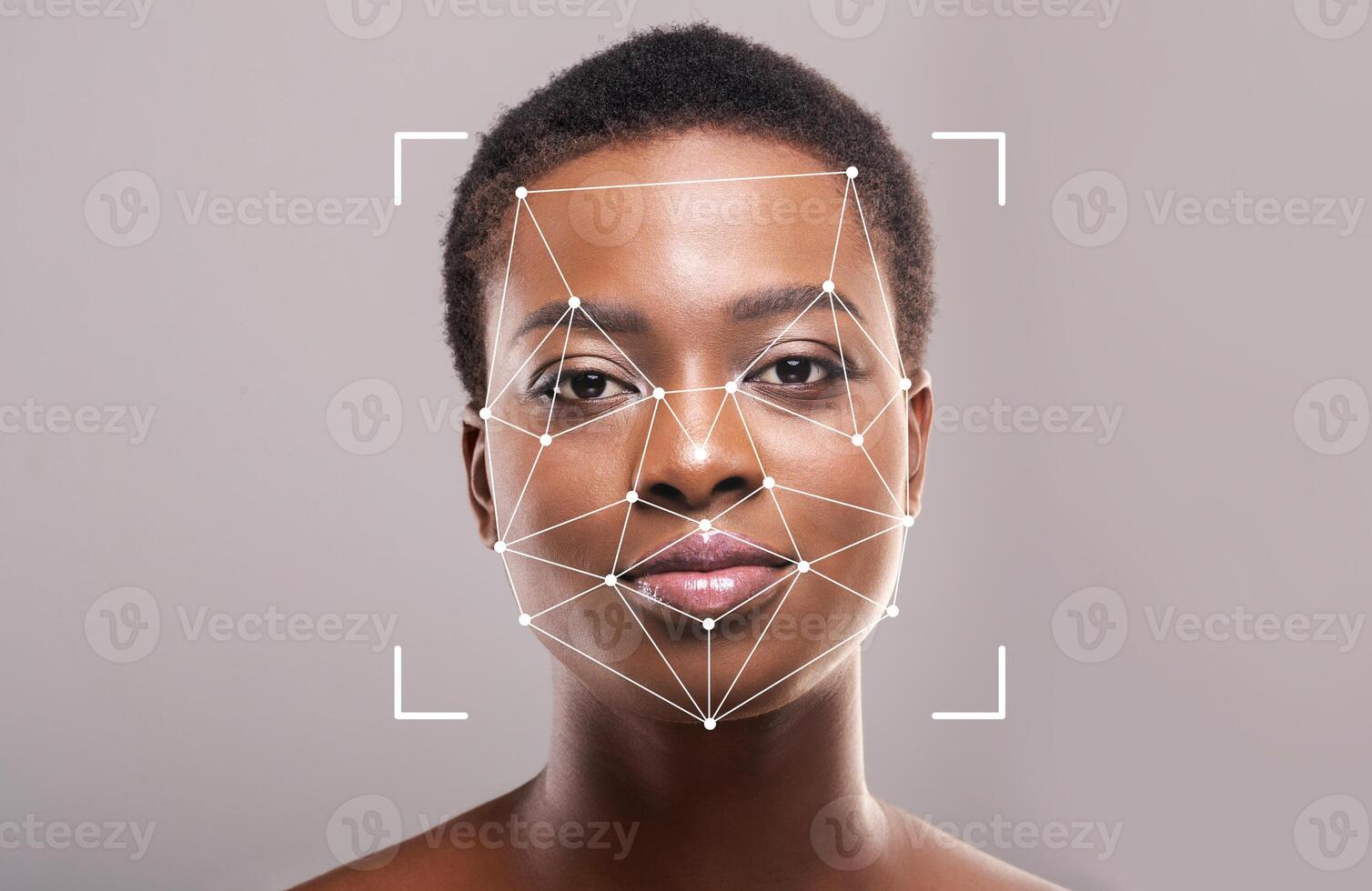 A woman appears with a facial recognition overlay showcasing the points of data collected for identification. This technology highlights advancements in security and personal identification. photo