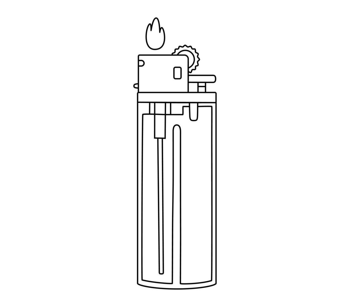 Hand drawn cute outline illustration of burning lighter. Flat fire equipment sticker in line art doodle. Cigarette lighter with flame icon. Mental burnout. New idea or startup. Isolated. vector