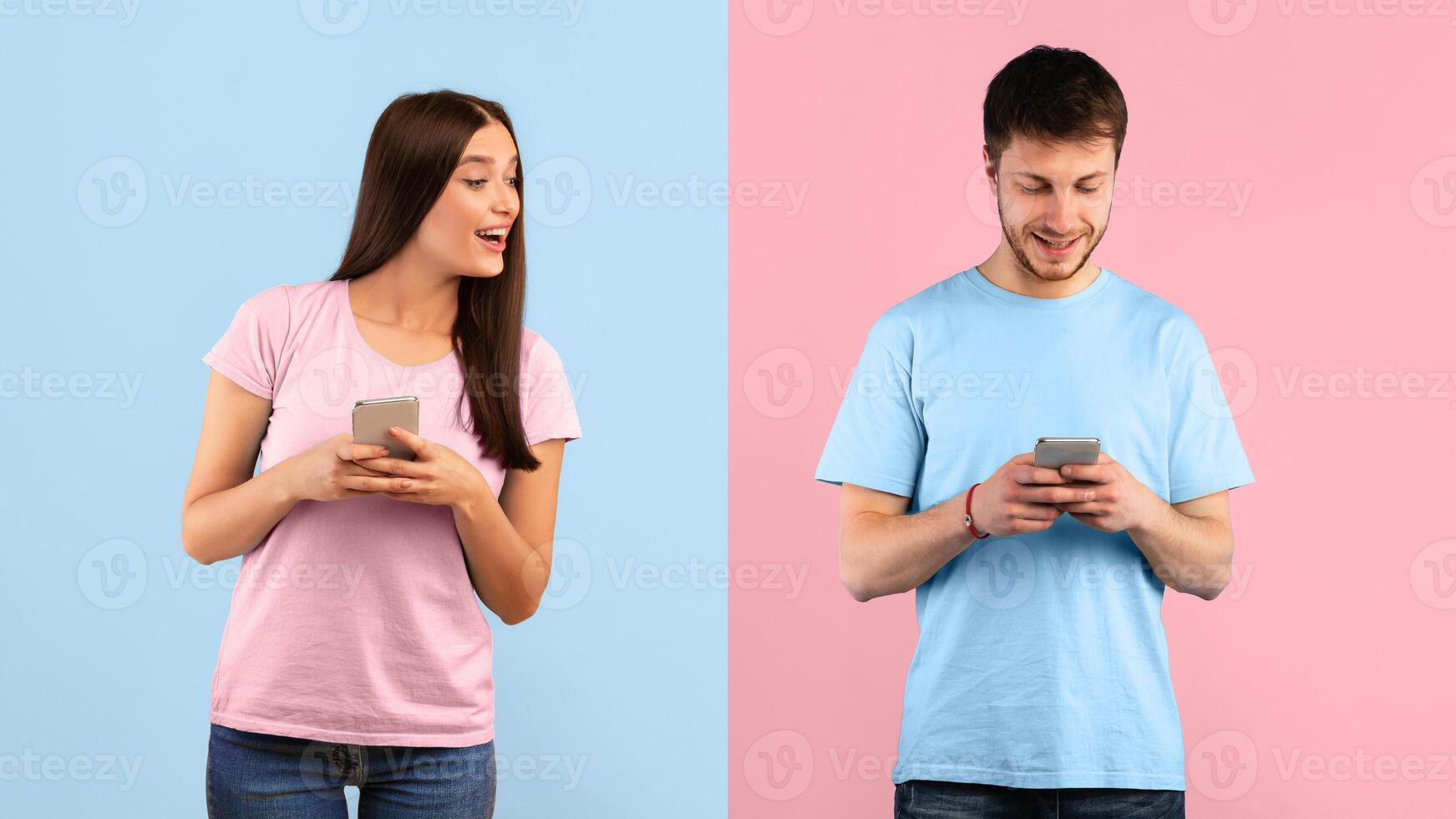 Portrait of smiling curious woman using smartphone, looking and peeking at her boyfriend's phone. Guy chatting online, typing sms, browsing social media, standing on yellow and blue studio background photo
