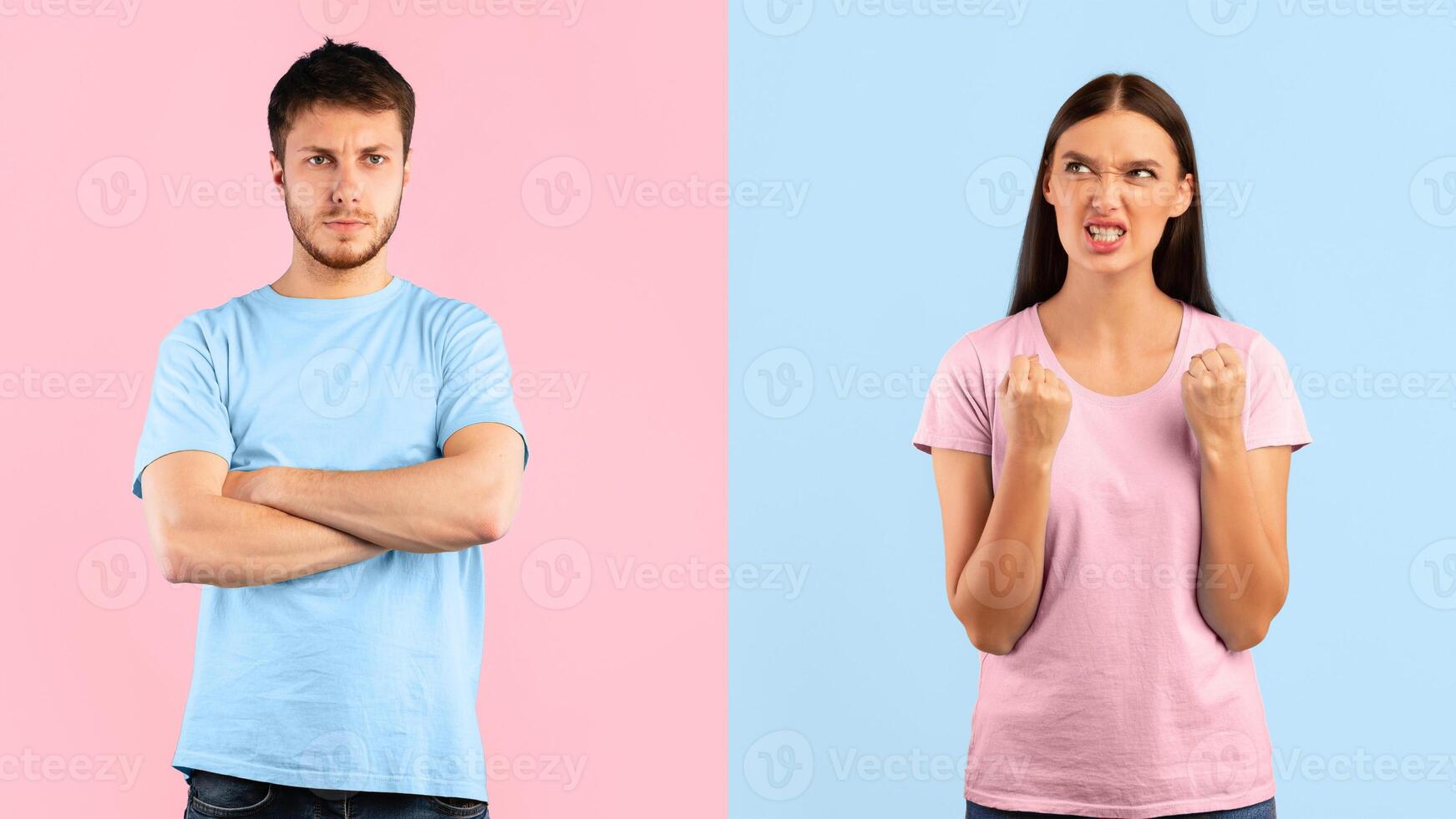 People Emotions Concept. Portrait of angry mad woman and offended young casual man with folded arms standing isolated over blue and yellow studio background. Relationship Problems, Conflict photo