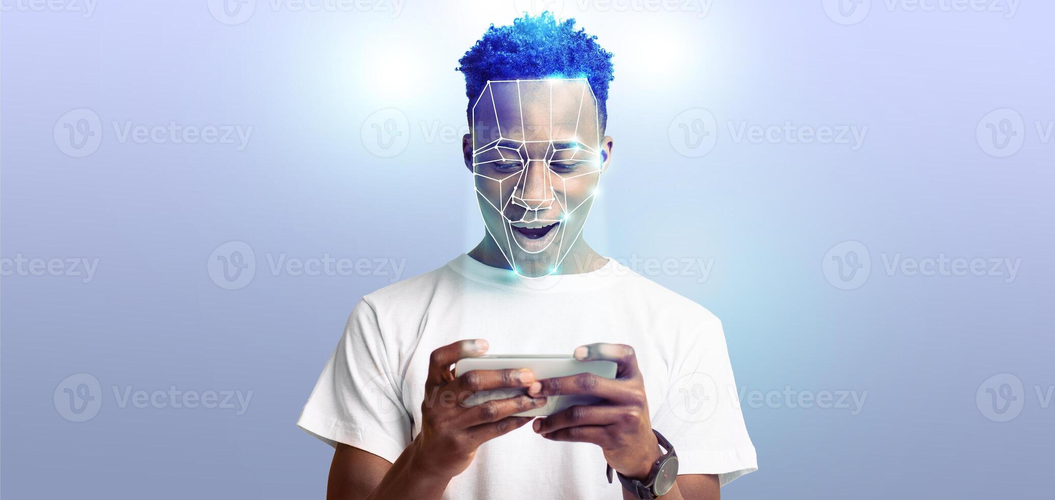 A person is using a smartphone, displaying a look of surprise as face recognition technology scans their features. The background is empty and minimalistic, enhancing the focus on the interaction. photo