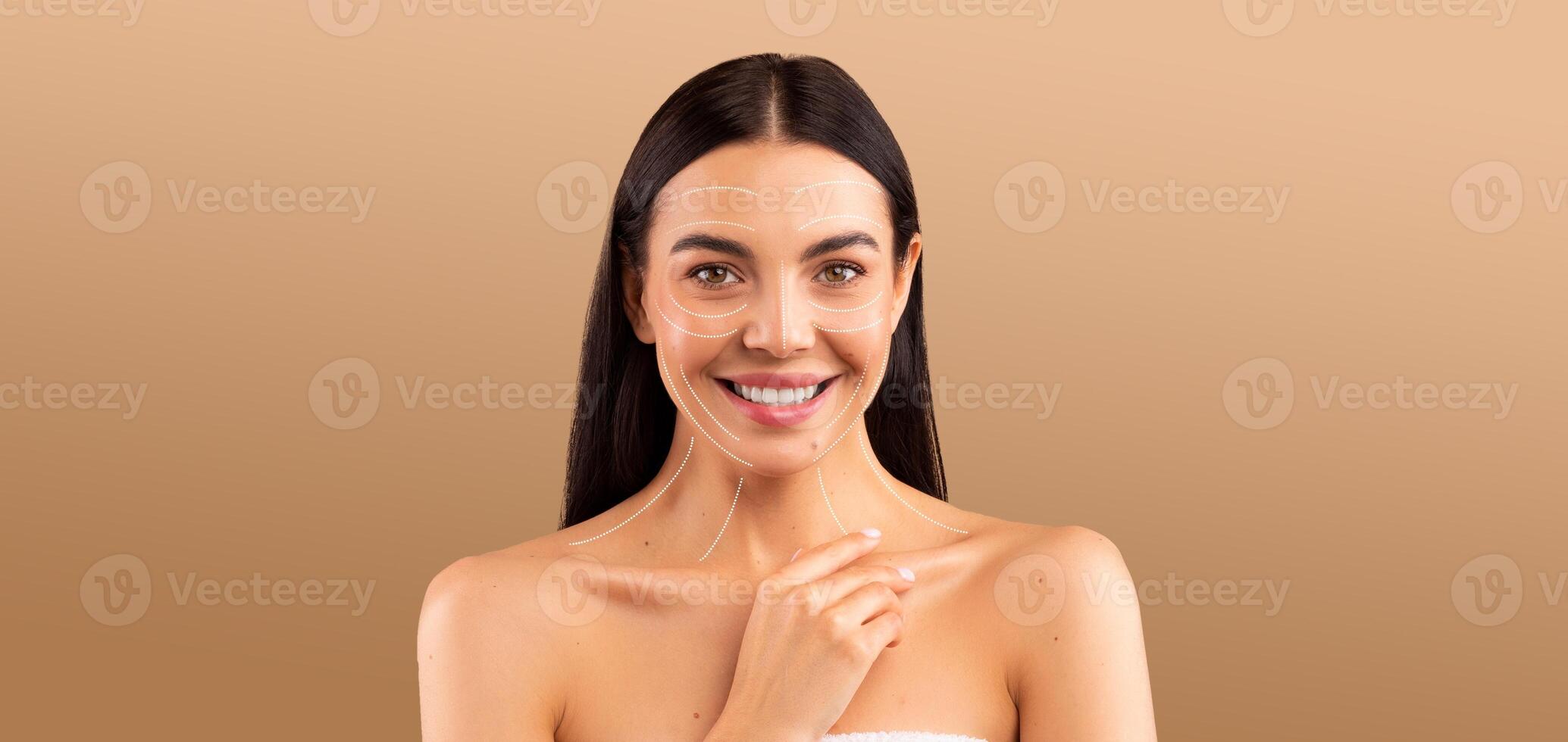 A woman enjoys her skin care routine, smiling happily while pampering herself. She appears relaxed and confident, embodying beauty and self-care in a serene environment. photo