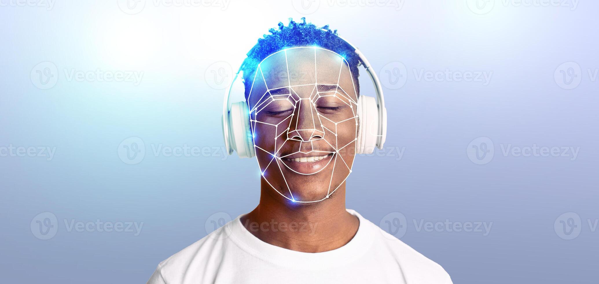 A person is wearing headphones, appearing relaxed and joyful while listening to music. The background suggests a focus on facial recognition technology, creating a modern, tech-inspired atmosphere. photo