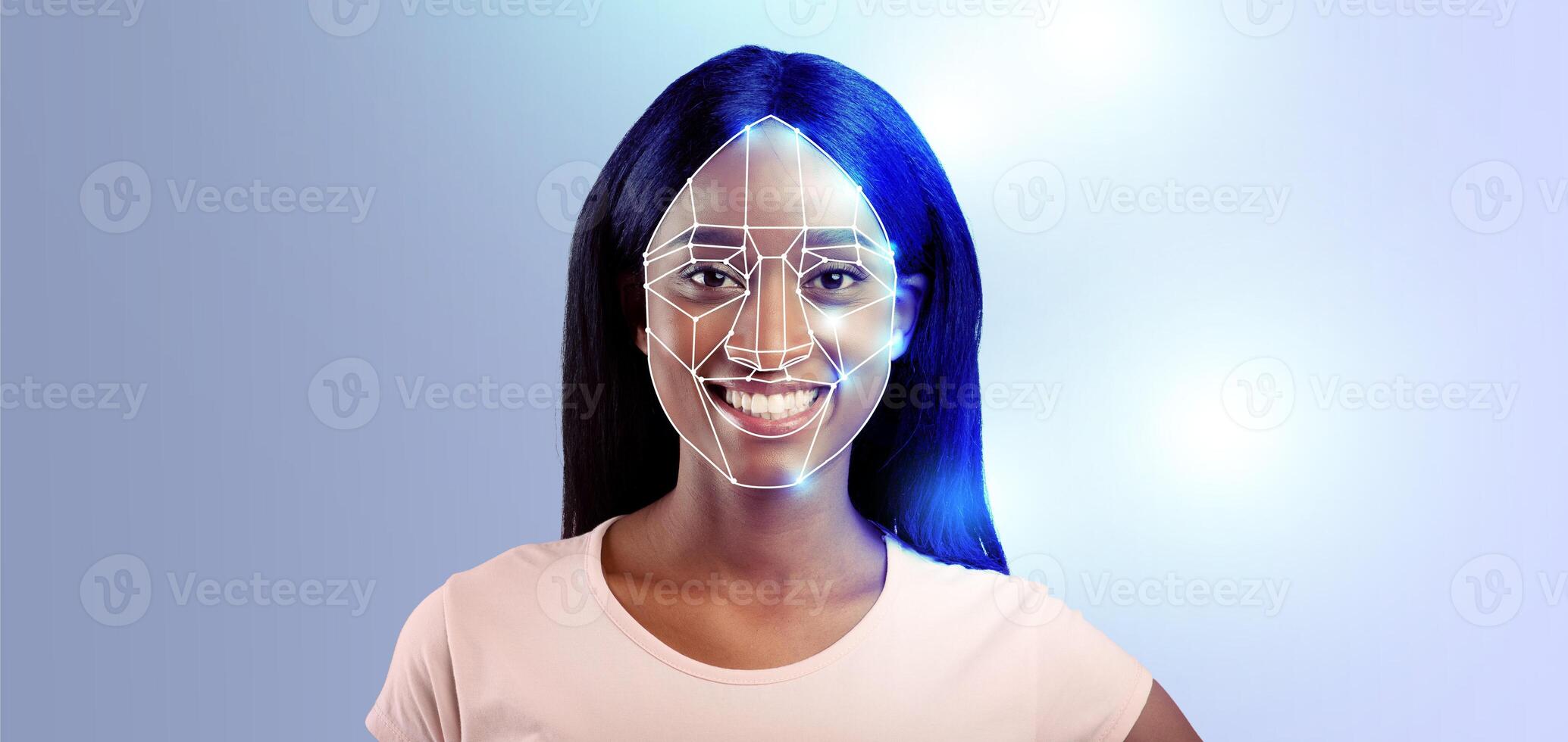 Modern facial recognition technology highlights a young woman face, emphasizing identification features. The isolated background enhances focus on the subject's expression and tech application. photo