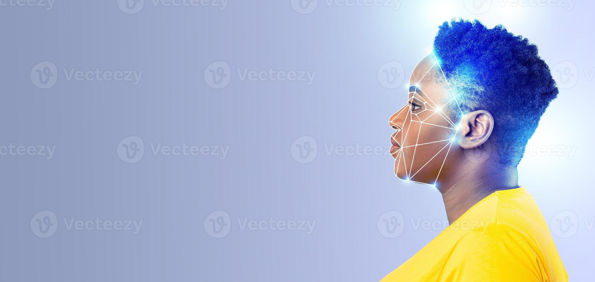 A profile view of a person with a digital overlay illustrating face recognition technology. Features bright colors that emphasize modern, advanced identification processes in an empty background. photo