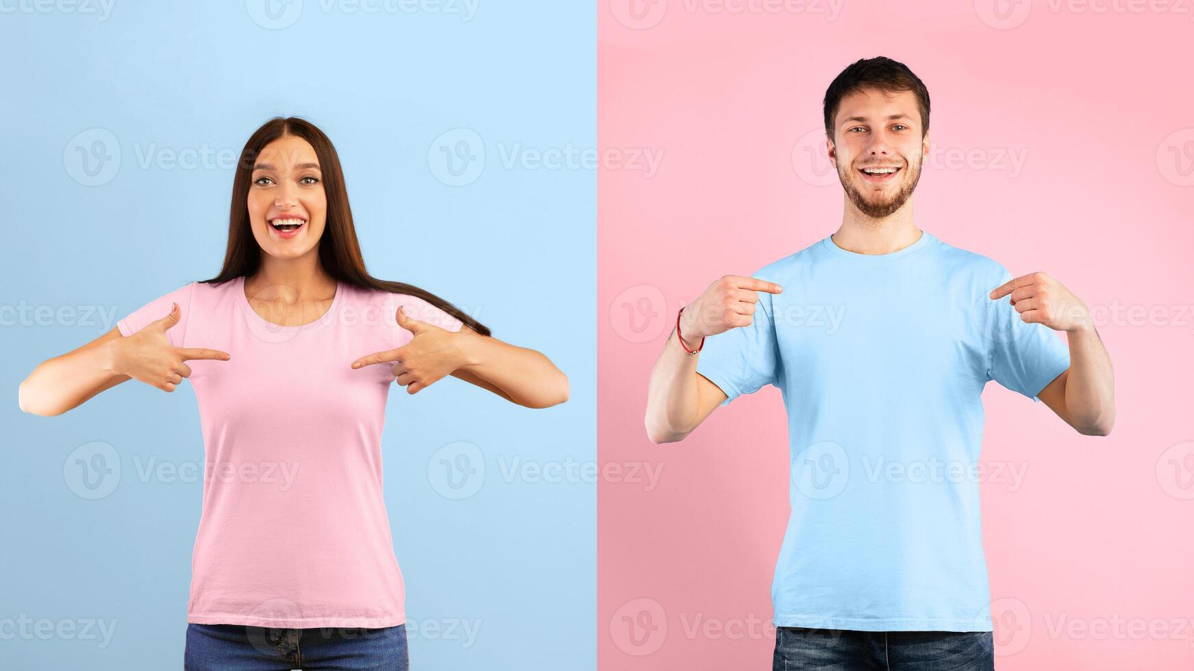 Choose Us. Excited couple pointing at themselves isolated on blue and yellow studio wall photo