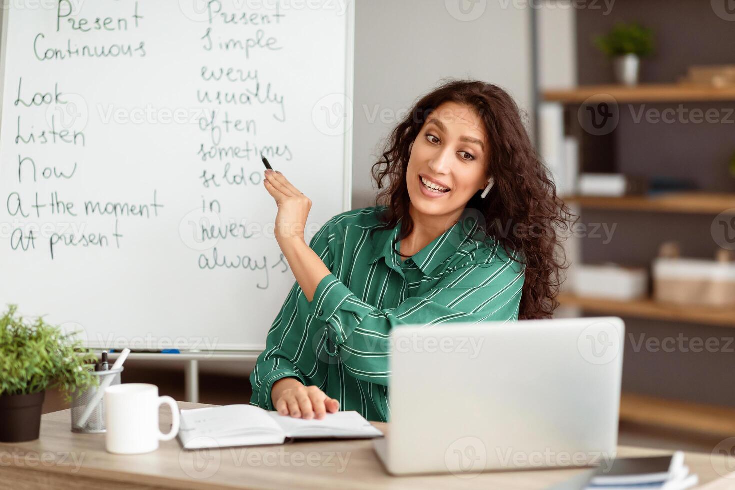 Online Foreign Languages Tutoring. Joyful lady teacher giving English class, pointing at blackboard with basic grammar rules. Experienced college professor explaining new material tenses to students photo