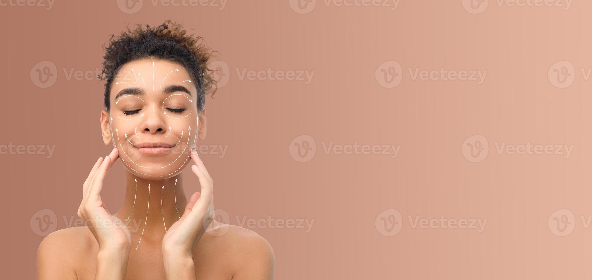 Relaxed African American engages in a skin care routine, applying a treatment to her face. She enjoys a moment of self-care in a serene environment, emphasizing the importance of beauty rituals. photo
