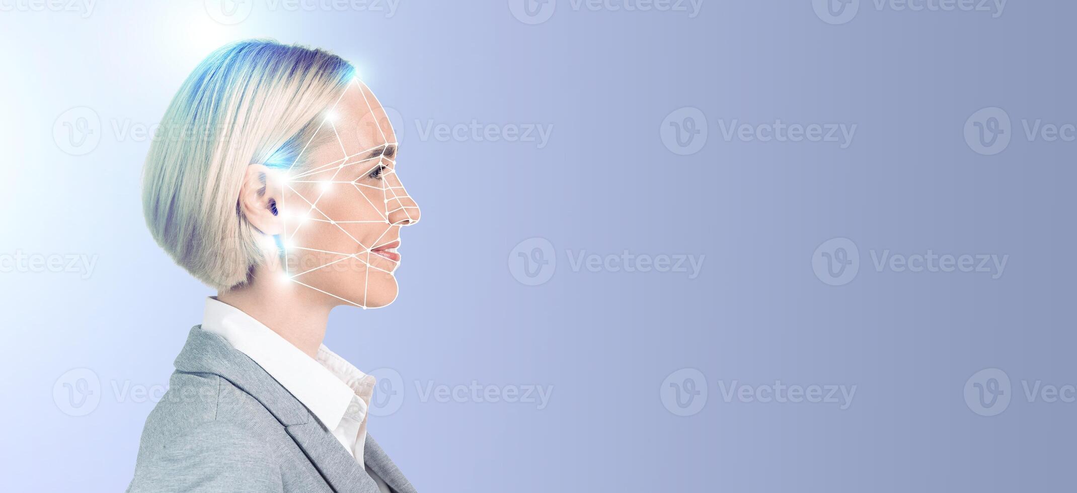 A woman with a short hairstyle is depicted in profile, showcasing how modern technology aids in facial recognition for identification. photo