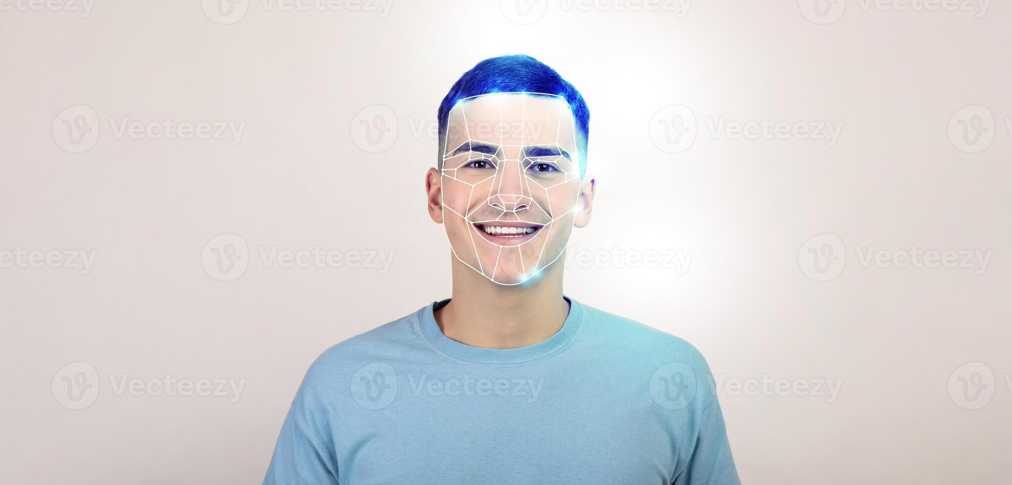 A young person is smiling as a futuristic facial recognition technology overlays on their face. This modern approach emphasizes the advancements in identification methods and privacy considerations. photo