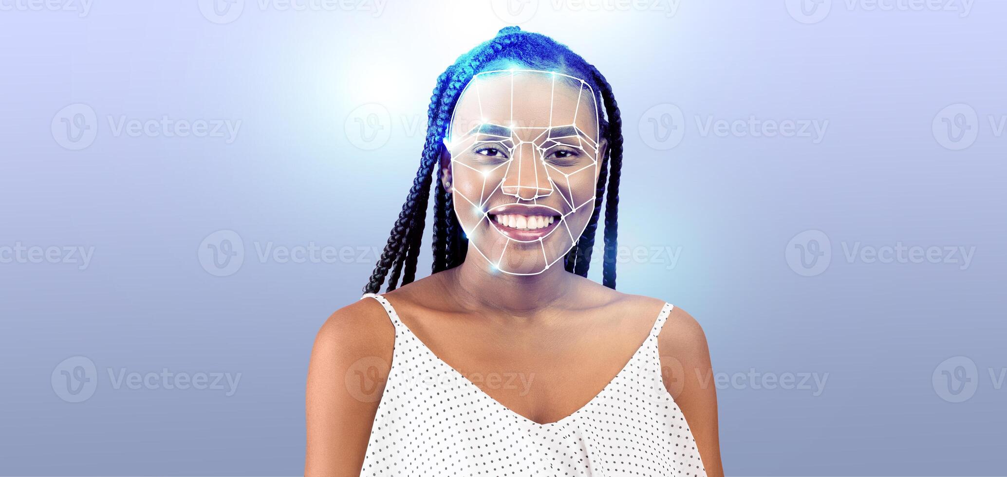 A woman with braided hair smiles confidently as facial recognition technology is applied on her features. This modern approach emphasizes innovation in identification systems today. photo