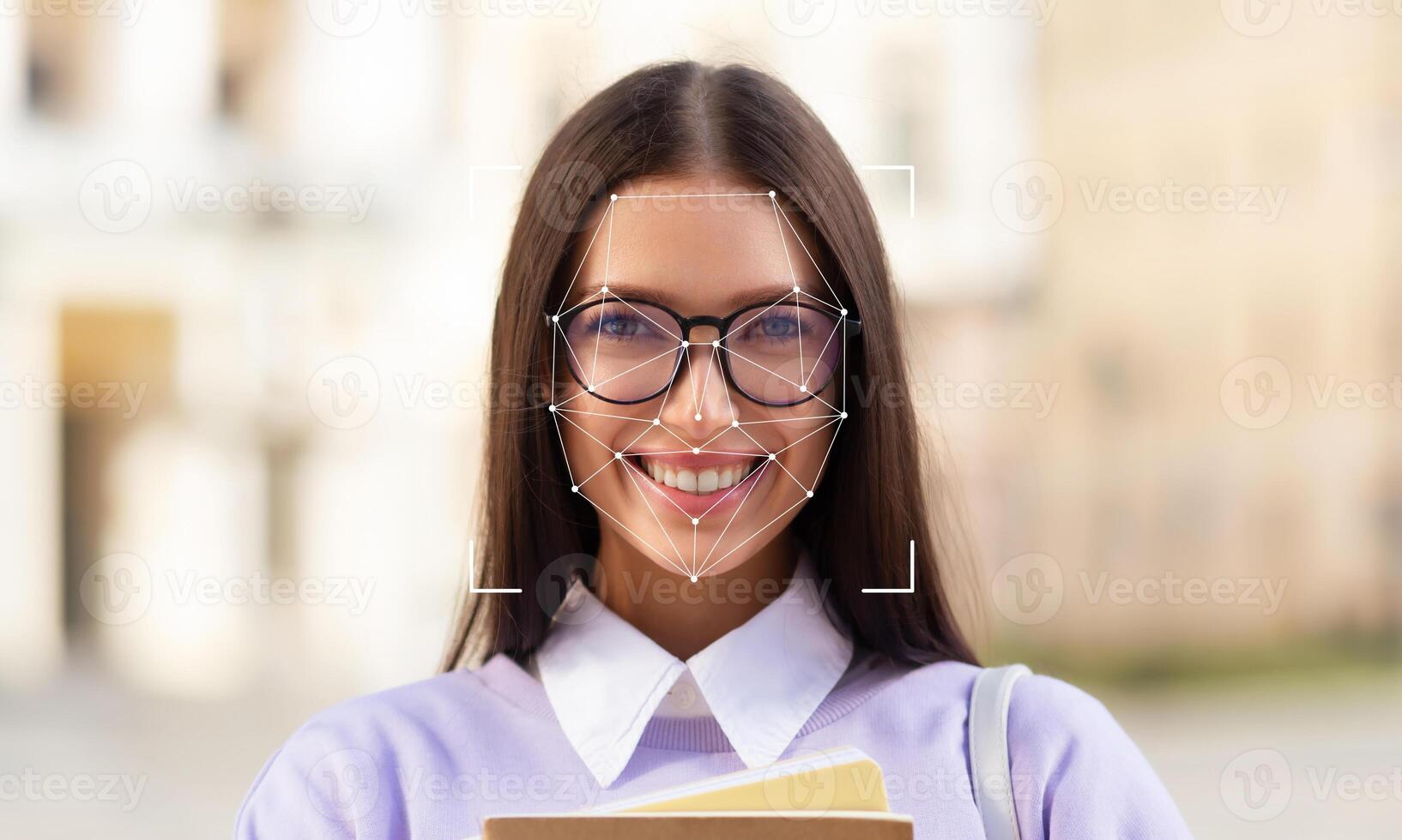 A young woman smiles while holding a notebook, with facial recognition overlays emphasizing her features. photo
