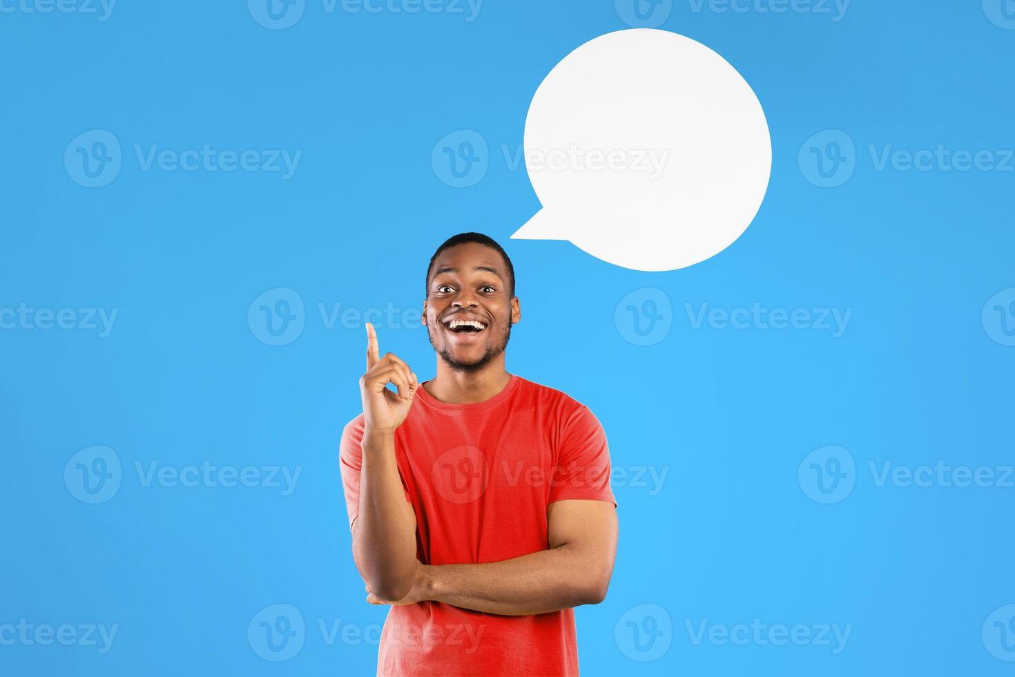 Great Idea. Excited Black Guy Pointing Finger Up Posing With Blank Speech Bubble Above Head Smiling To Camera Standing Over Blue Studio Background. Eureka Moment, Inspiration Concept. Square photo