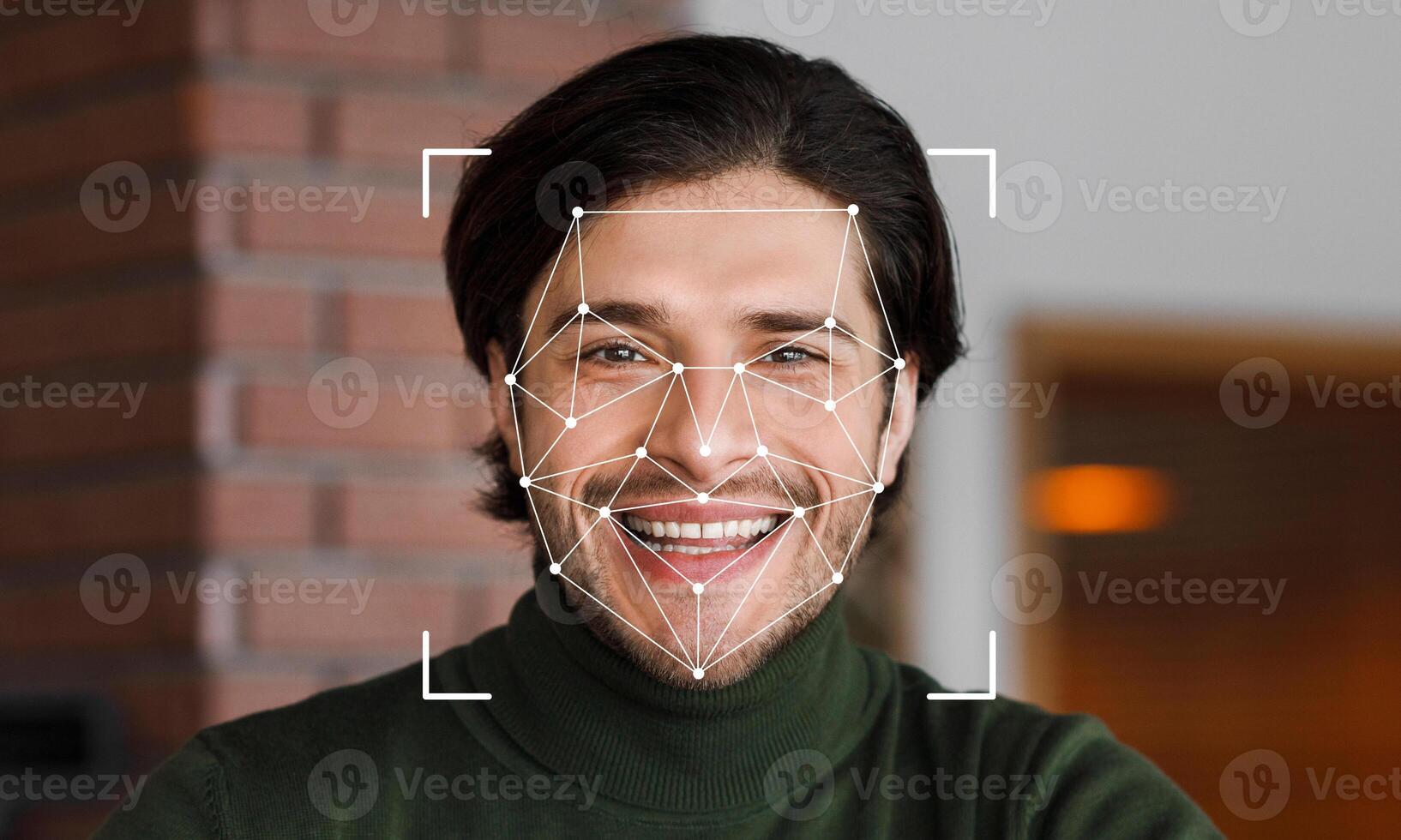 A man smiles as facial recognition technology scans his features. The background is softly blurred, emphasizing the subject's joyful expression and the innovative tech overlay. photo