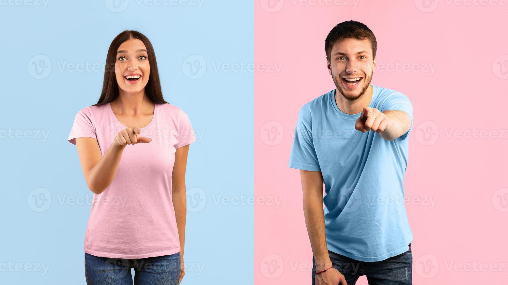 Hey, You. Portrait of cheerful casual couple pointing fingers at camera, standing isolated over yellow and blue studio background wall. Excited boyfriend and girlfriend choosing and indicating photo