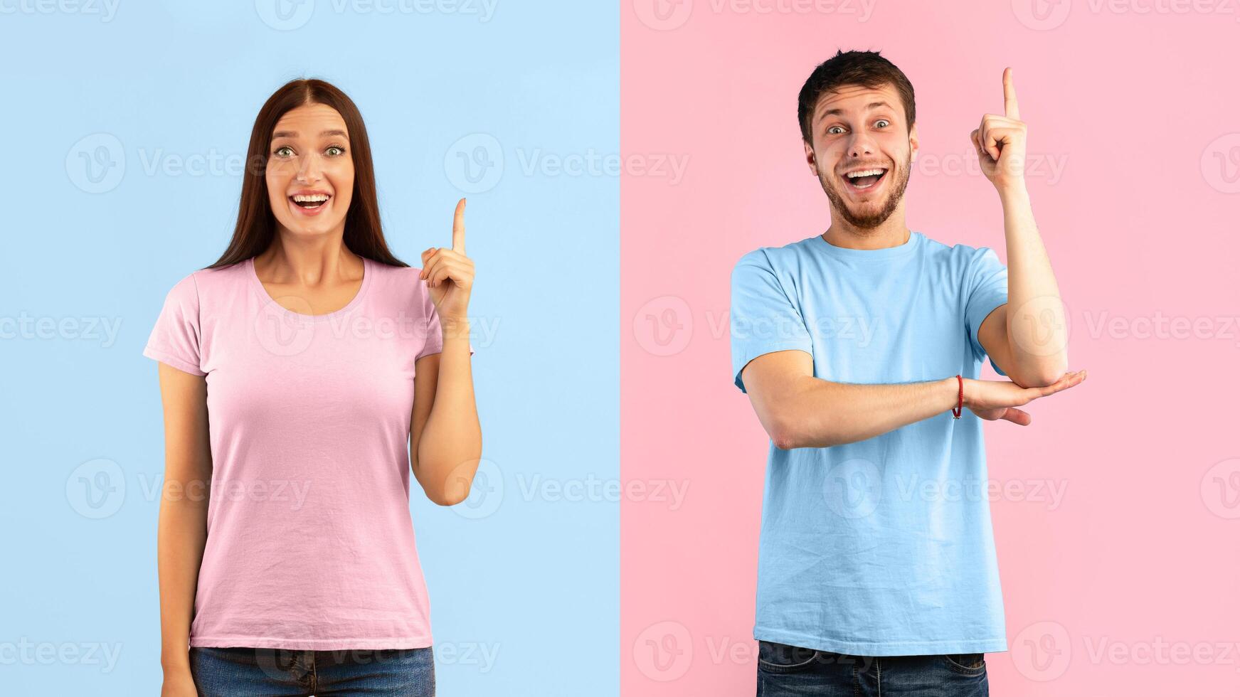 We Have Great Idea Concept. Young Funny Man And Woman Pointing Fingers Up. Couple Know Answer, Got Solution To Problem, Having Aha Moment Or Inspiration, Isolated On Blue And Yellow Studio Background photo