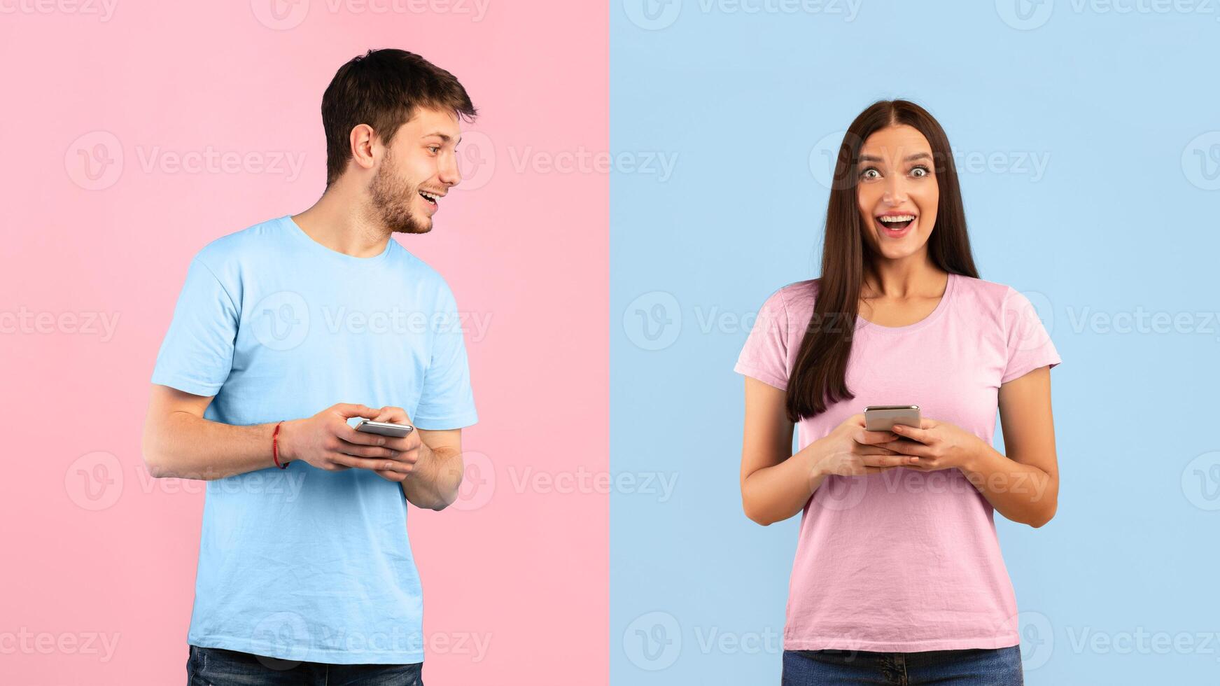 Great News. Surprised positive woman using smartphone device, looking overjoyed at camera, curious man holding his cellphone and looking away at his girlfriend's gadget, peeking and trying to see photo