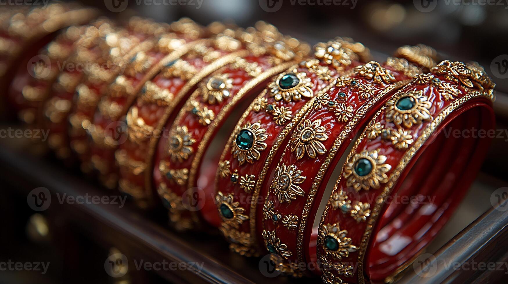 A row of red and gold bangles on a table photo