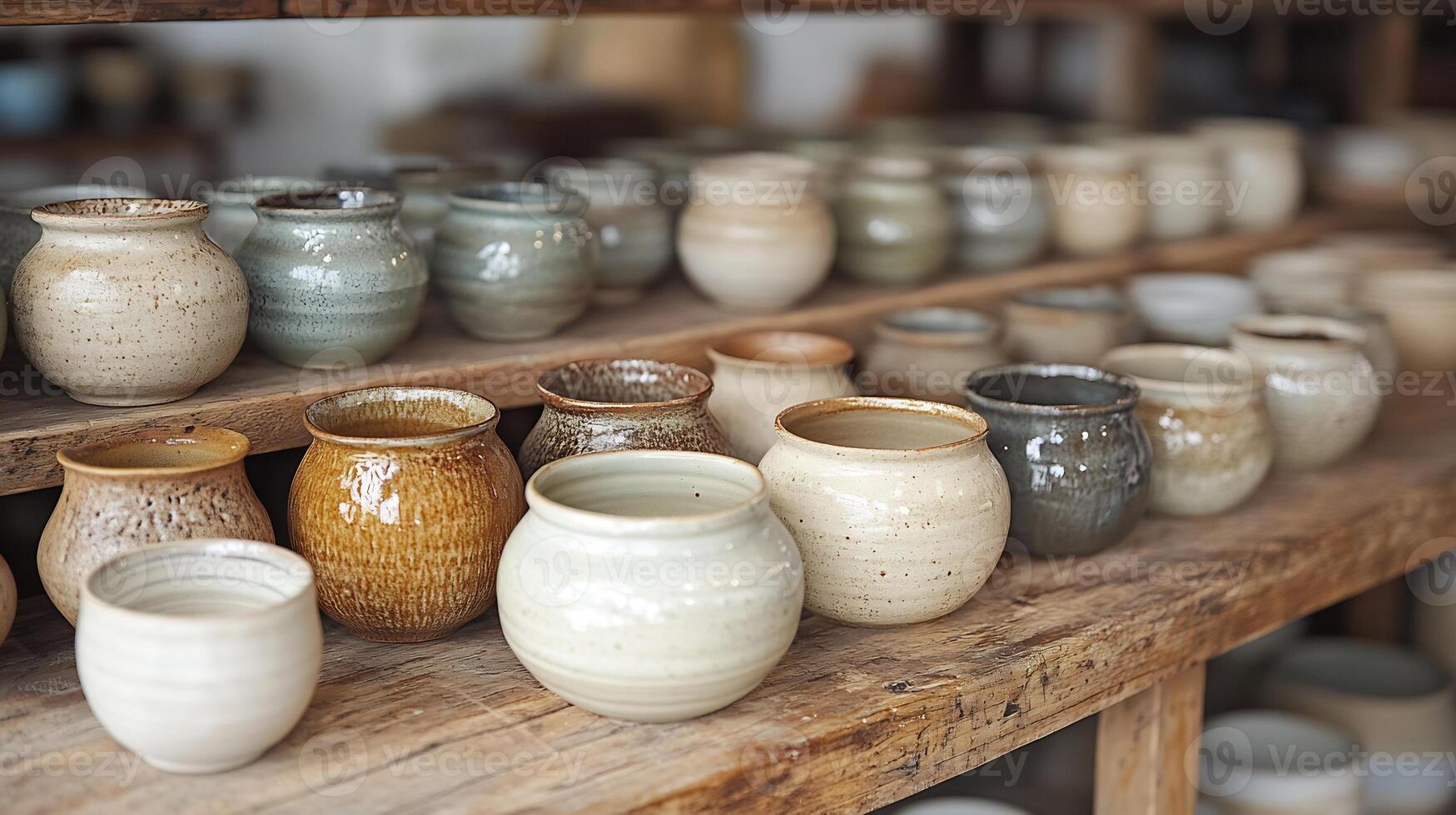 A wooden shelf with many vases on it photo