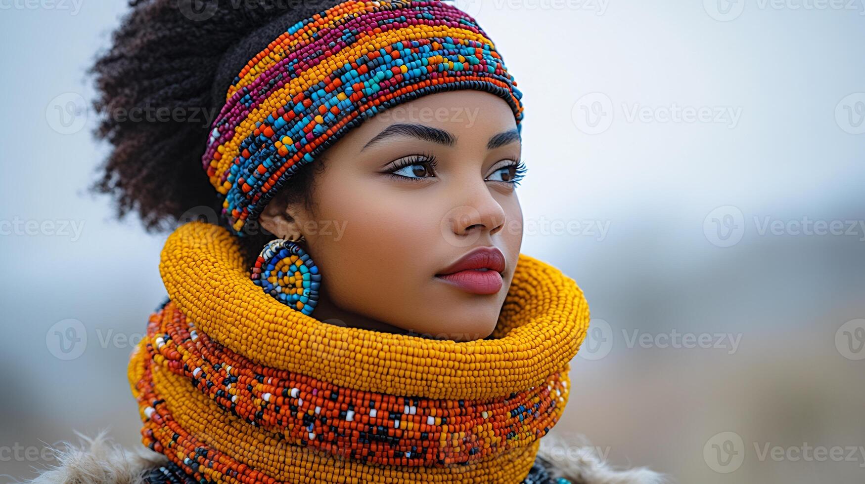 A beautiful woman wearing a colorful scarf photo