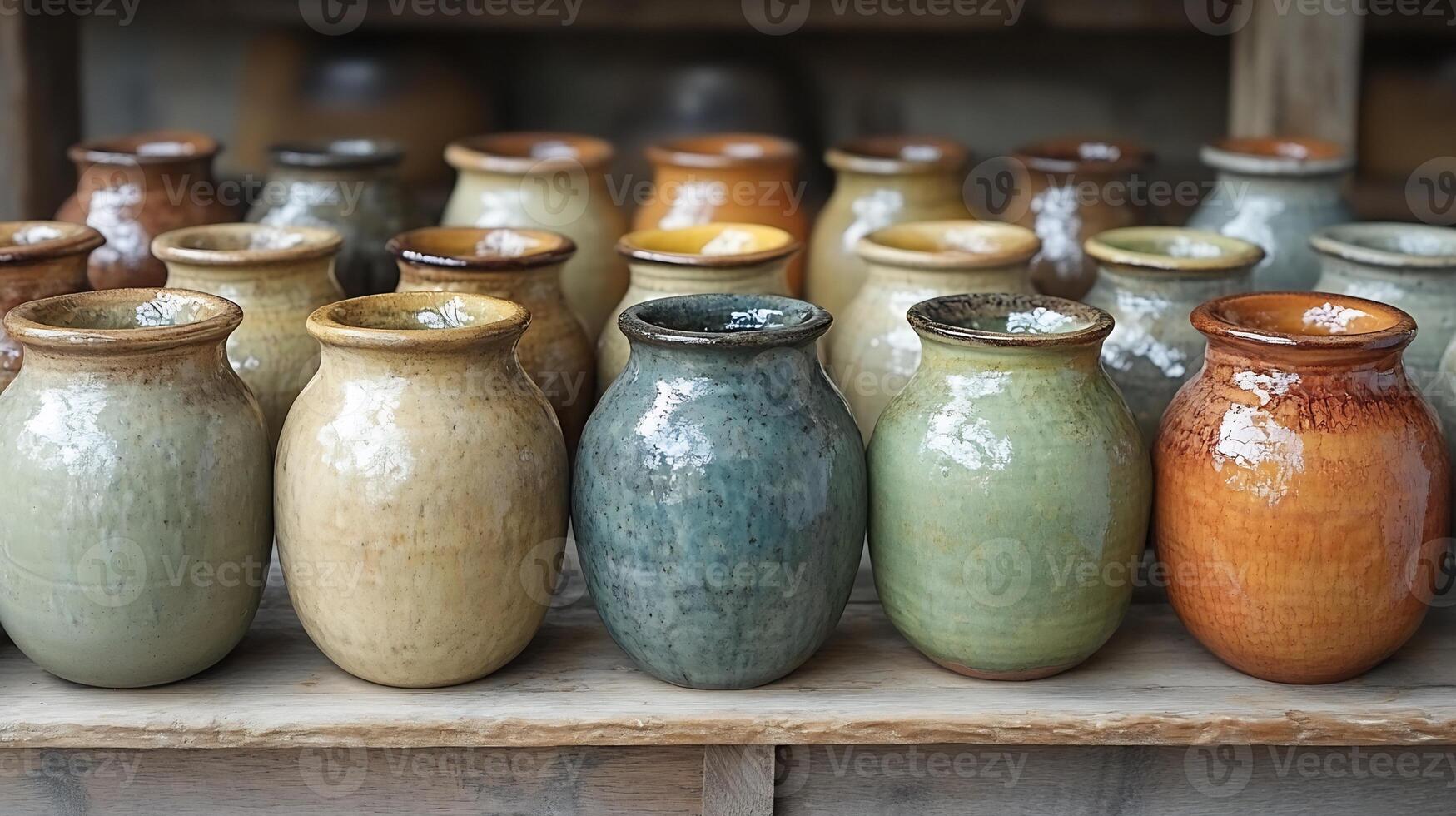 A row of colorful vases on a shelf photo