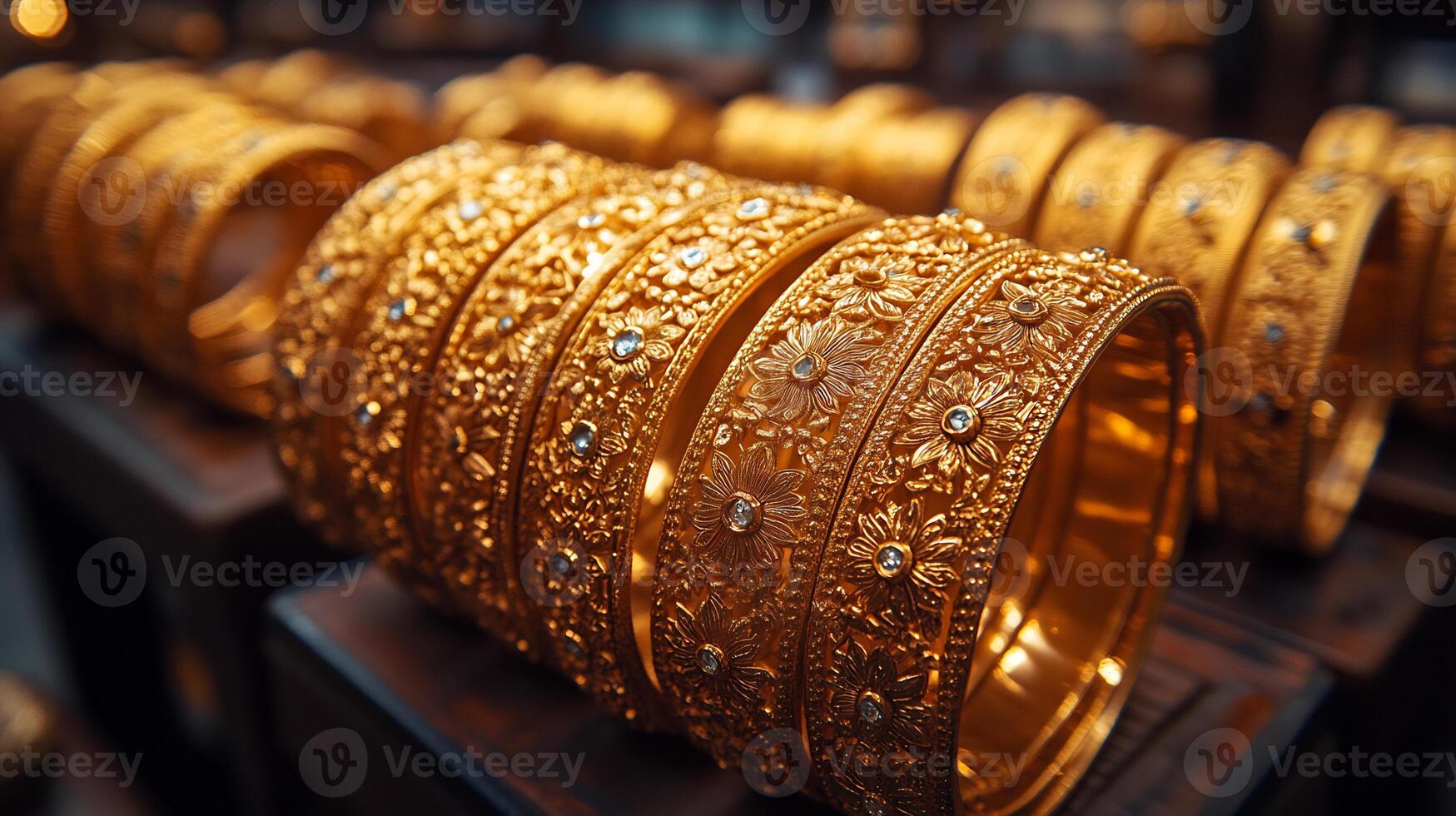 Gold bangles are displayed in a shop photo