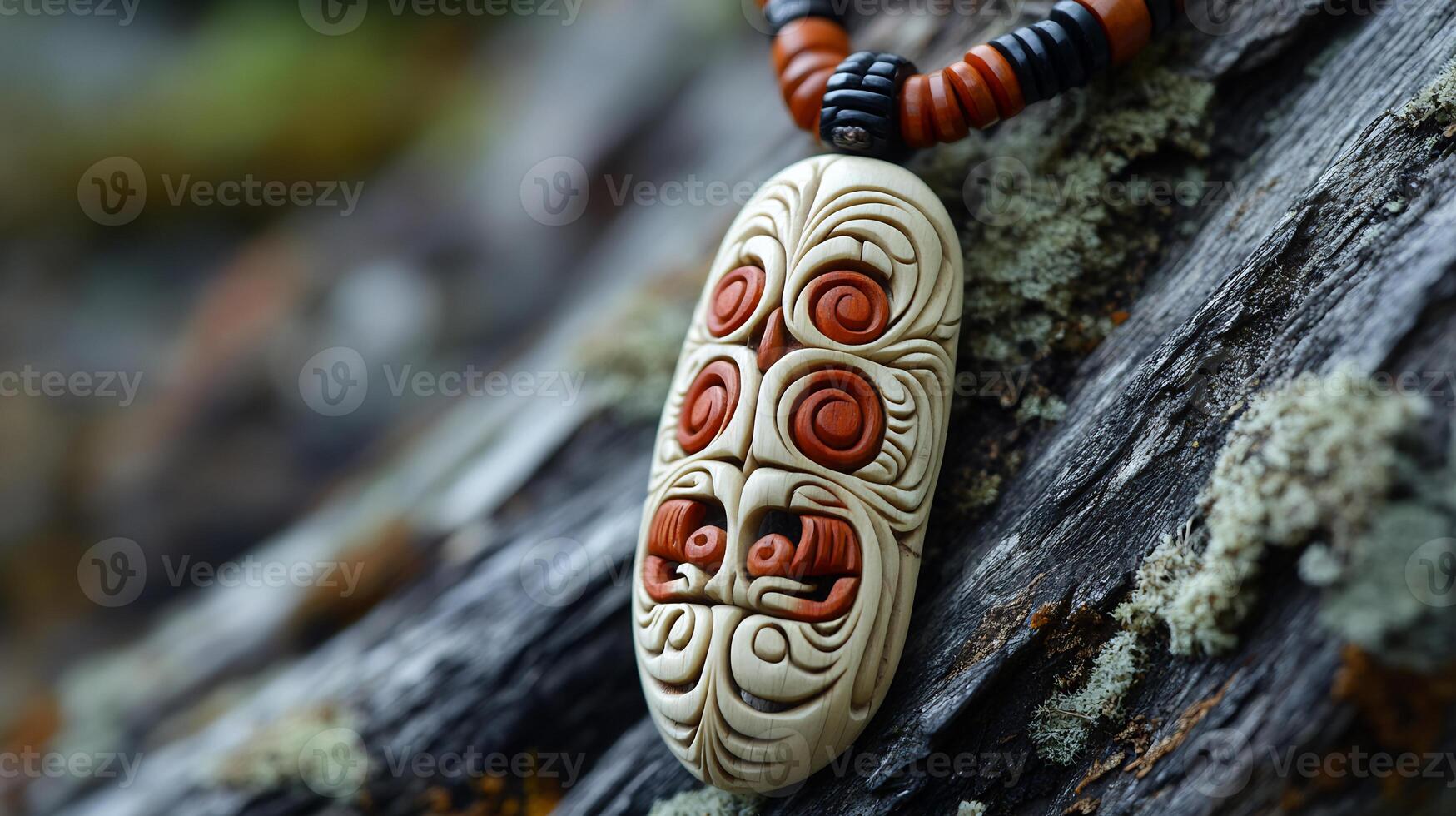 A wooden mask with a red and white design on it photo