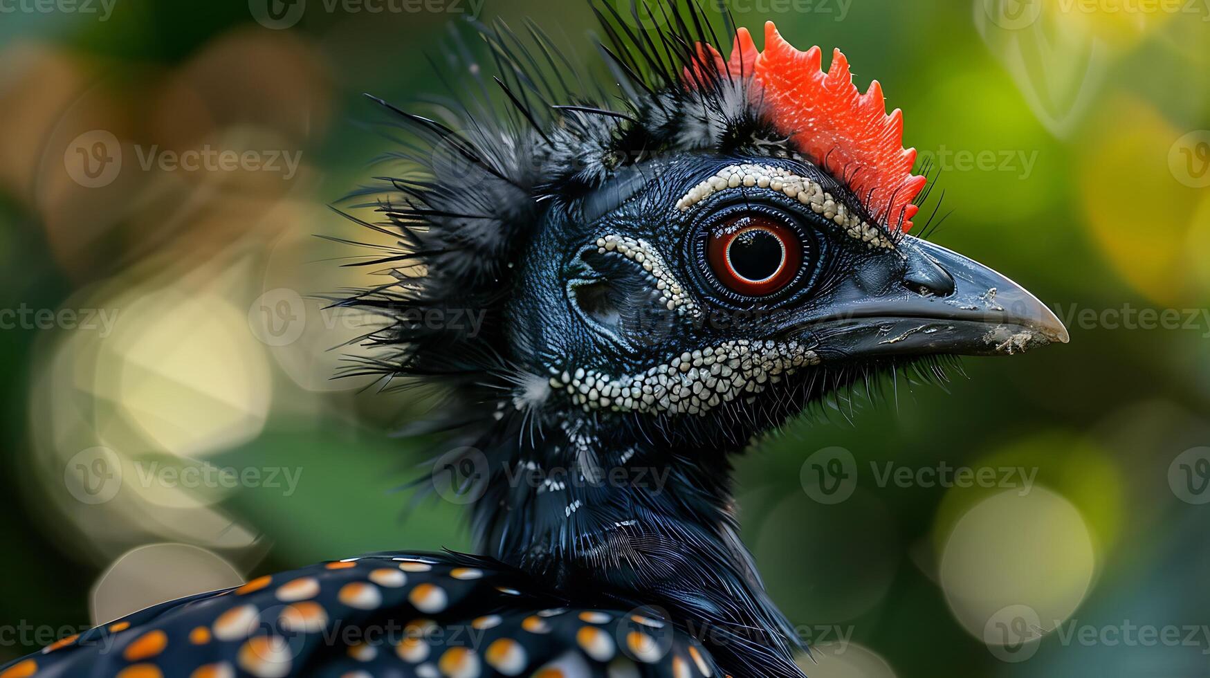 Juvenile Horned Guan Oreophasis derbianus with black and white feathers and a red horn native to Guatemala Central America photo