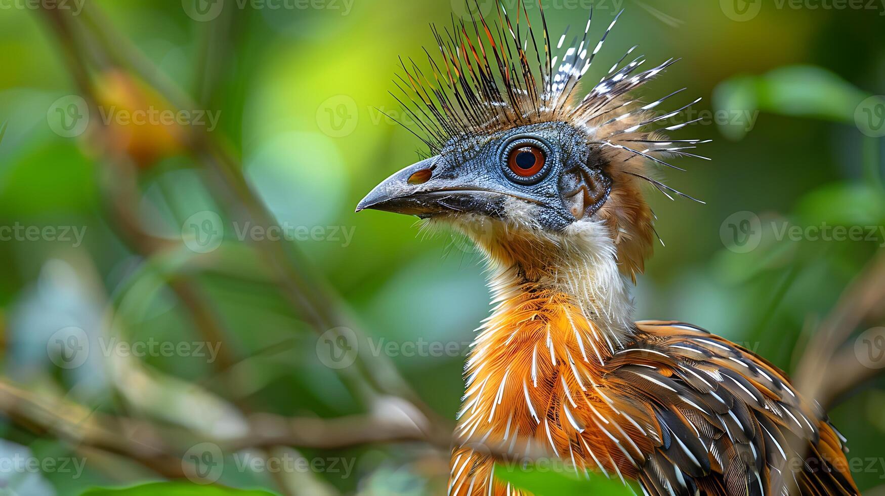Juvenile Hoatzin Opisthocomus hoazin with brown and white feathers and a spiky crest found in Peru South America photo