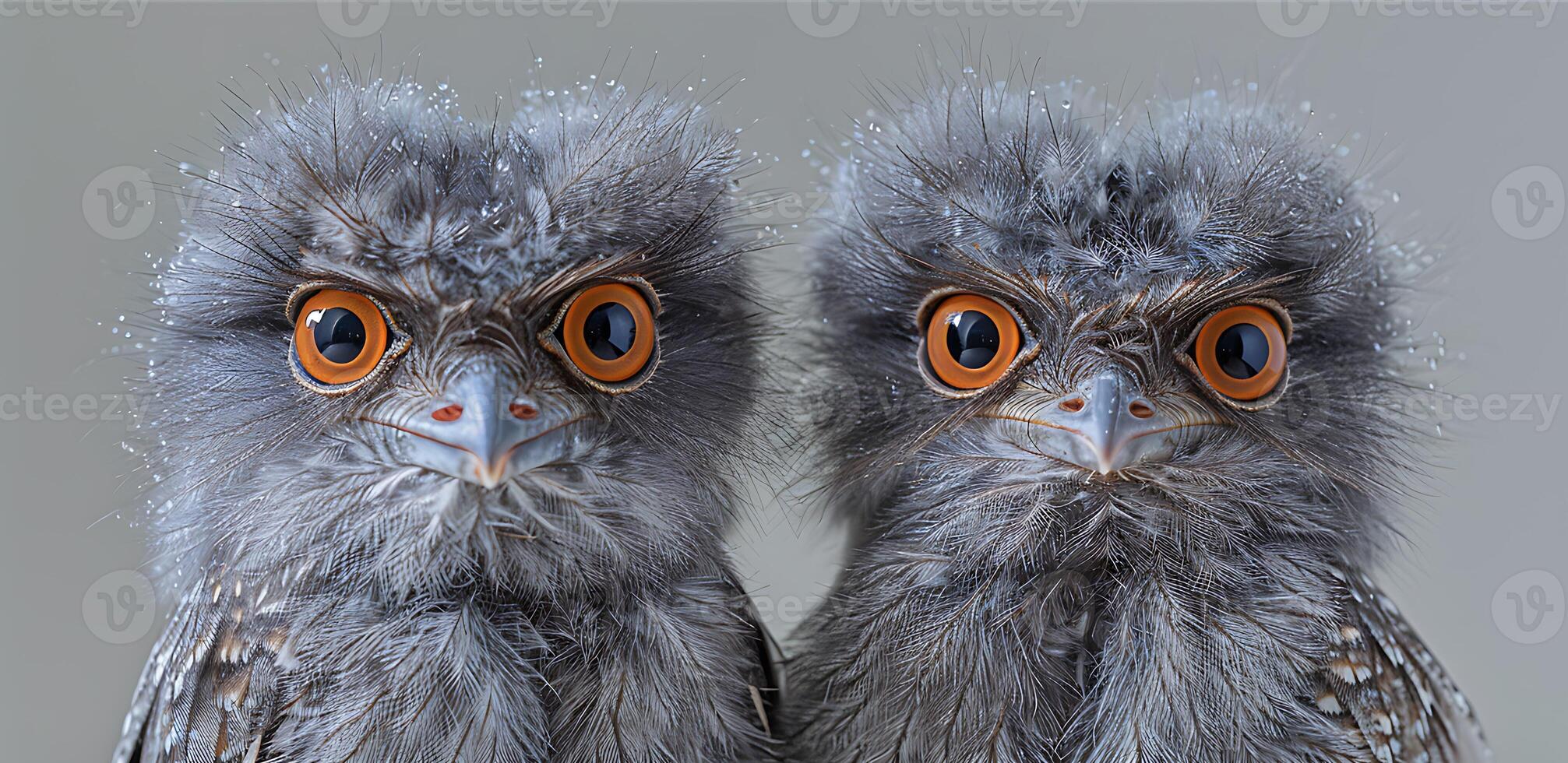 Pair of young Tawny Frogmouths Podargus strigoides with mottled gray and brown feathers native to Australia Oceania photo