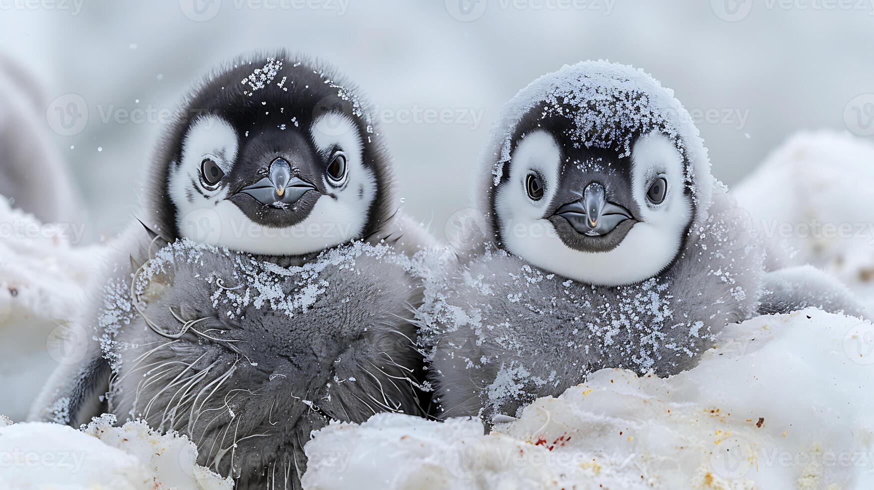 Pair of young Emperor Penguins Aptenodytes forsteri with fluffy gray down found in Antarctica photo