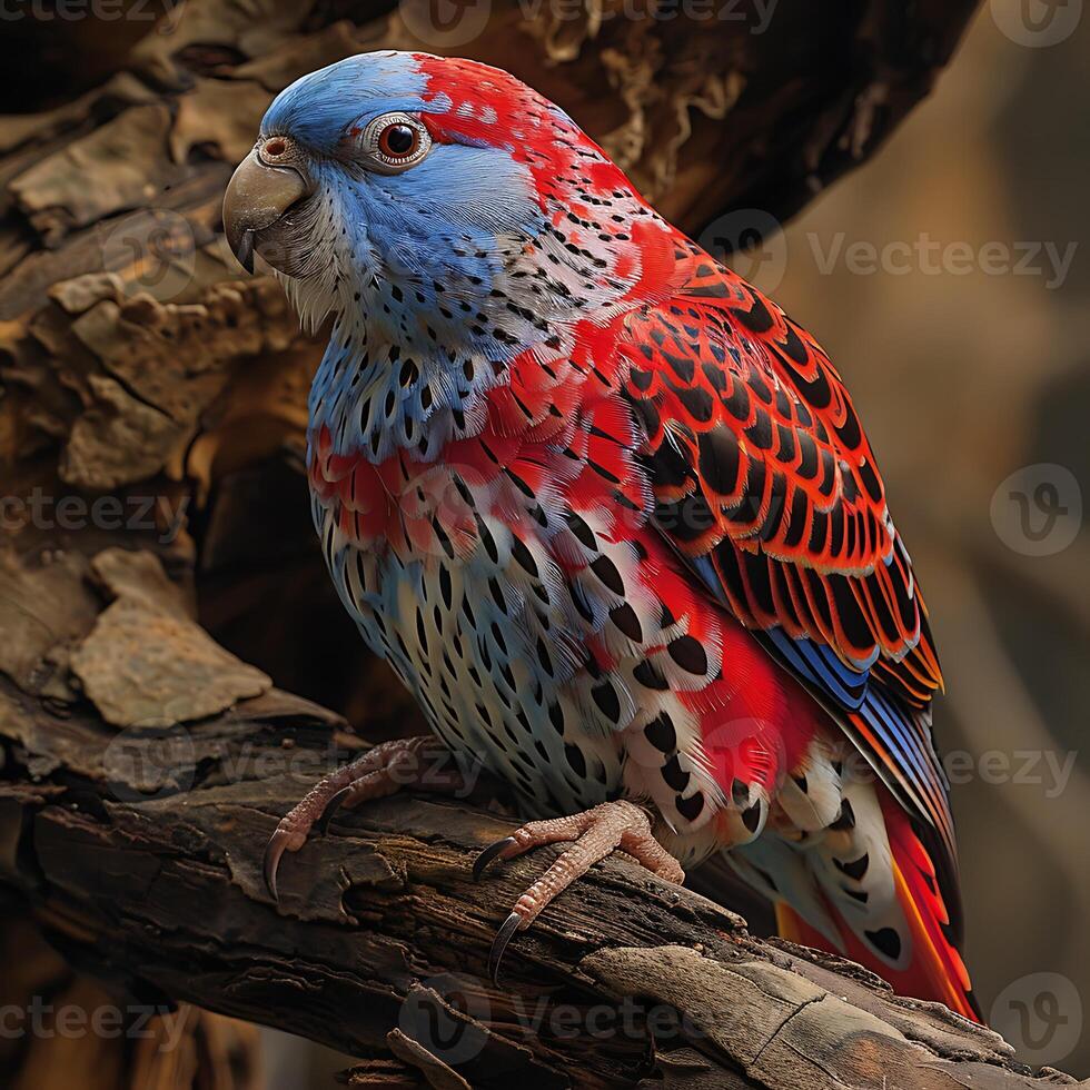 Adult female Crimson Rosella Platycercus elegans with red and blue plumage native to Australia Oceania photo