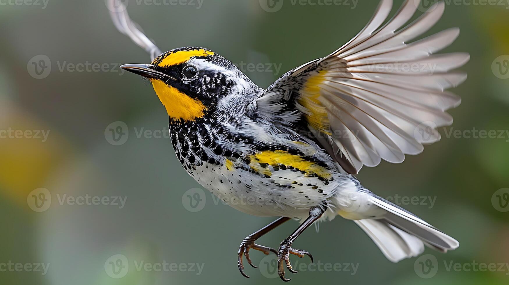 Adult male Golden cheeked Warbler Setophaga chrysoparia with bright yellow cheeks and black and white plumage native to the United States North America photo
