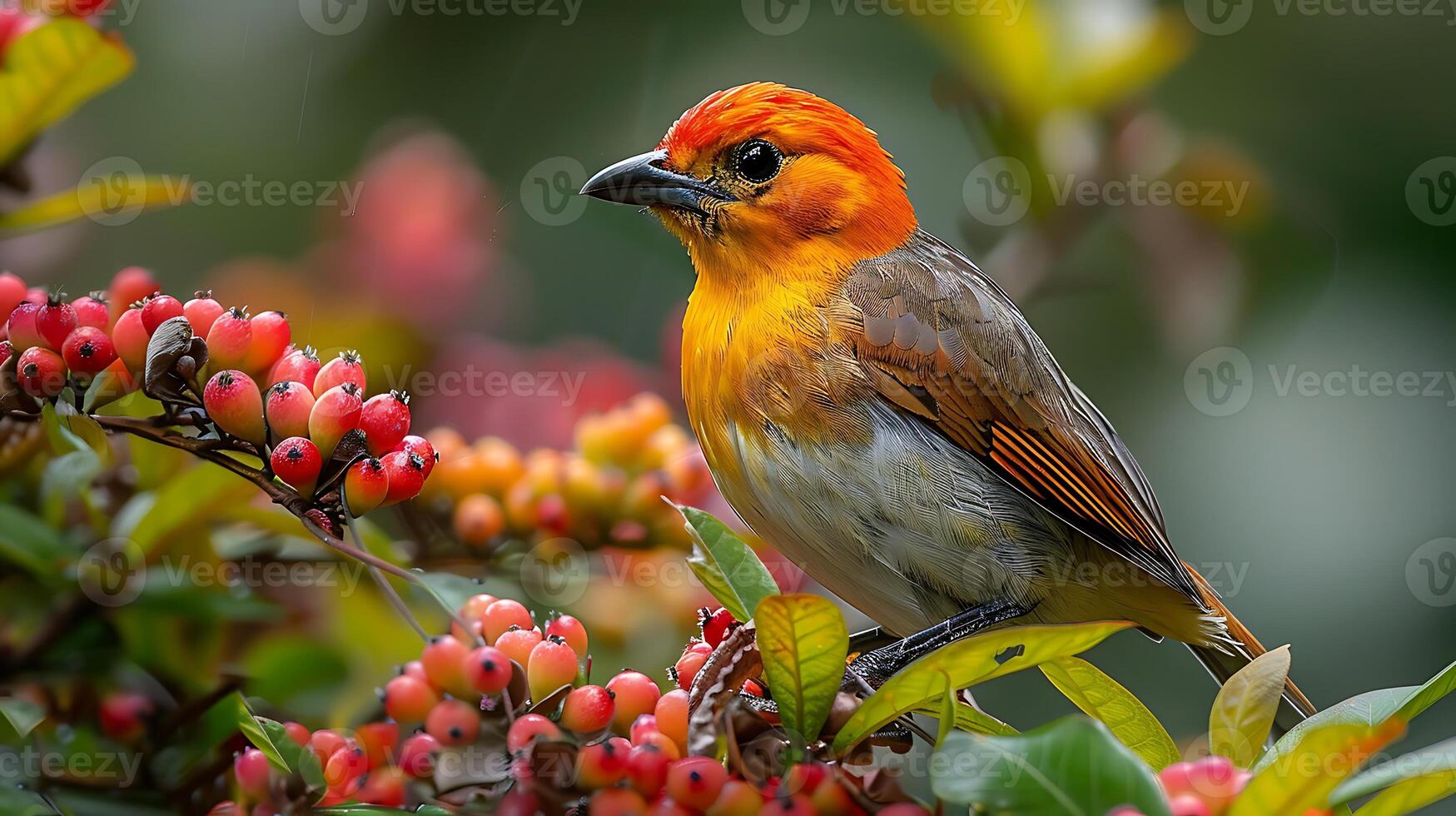 Adult male Flame Bowerbird Sericulus aureus with bright red and orange plumage found in Papua New Guinea Oceania photo