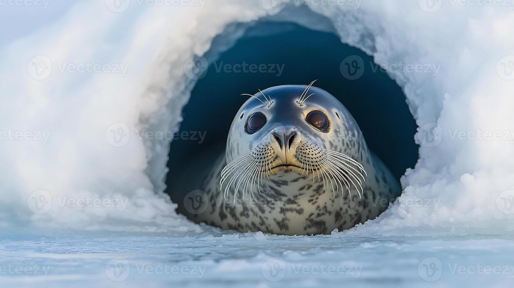 Baikal seal peeking out of ice hole in the frozen surface of Lake Baikal its round wet face illuminated by soft afternoon light captured with a low angle lens for an intimate close up photo