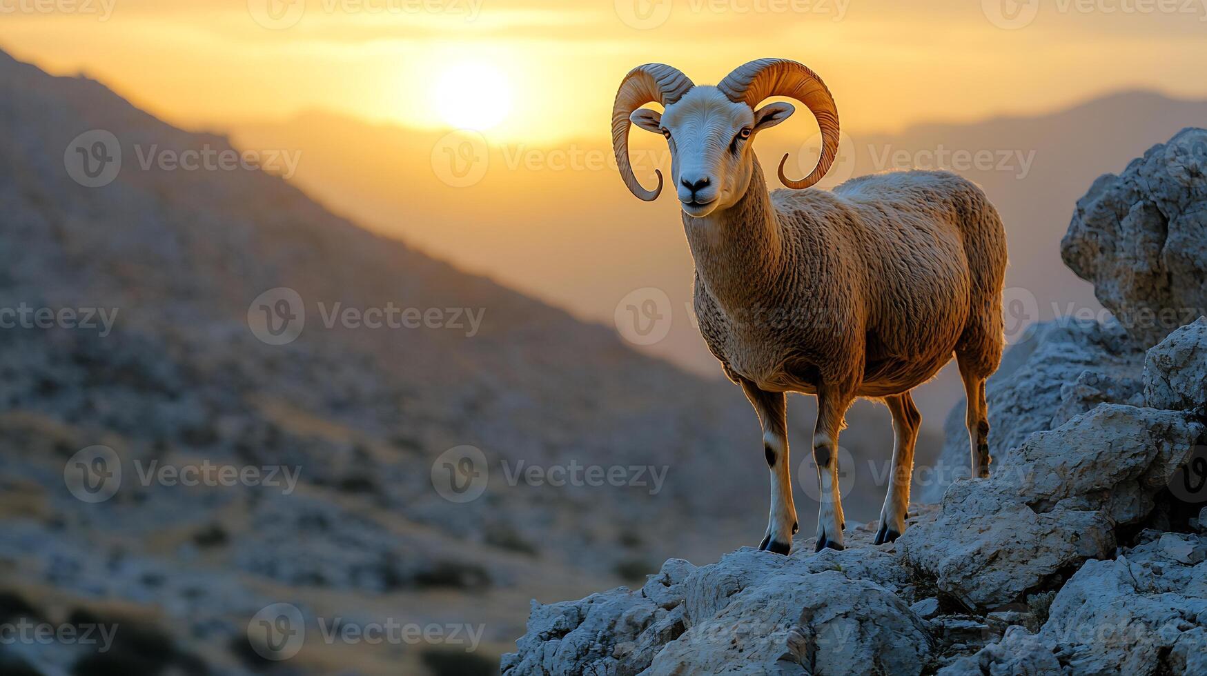 Barbary sheep standing a rocky ledge in a dry mountain range its curved horns silhouetted against a golden sunset captured with a telephoto lens for a dramatic portrait photo