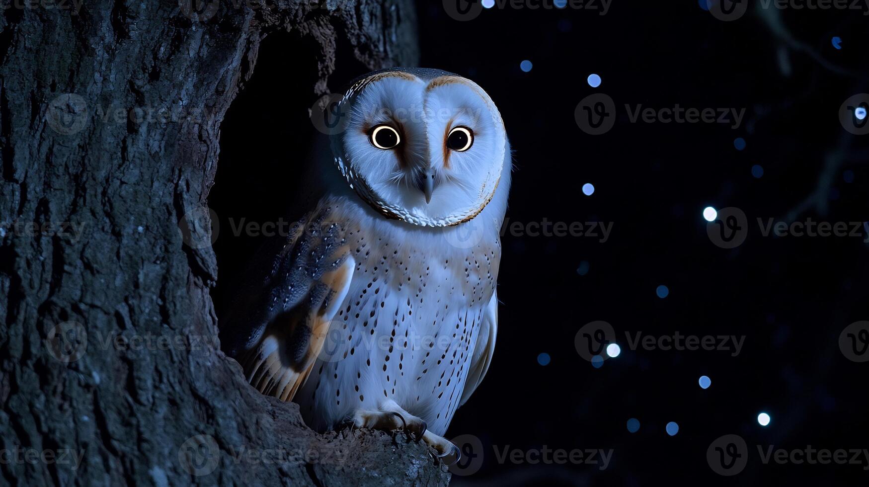 Barn owl peeking out hollow tree under faint starlight glowing eyes piercing darkness as its feathers blend seamlessly with the shadows captured with a low light telephoto lens for eerie realism photo