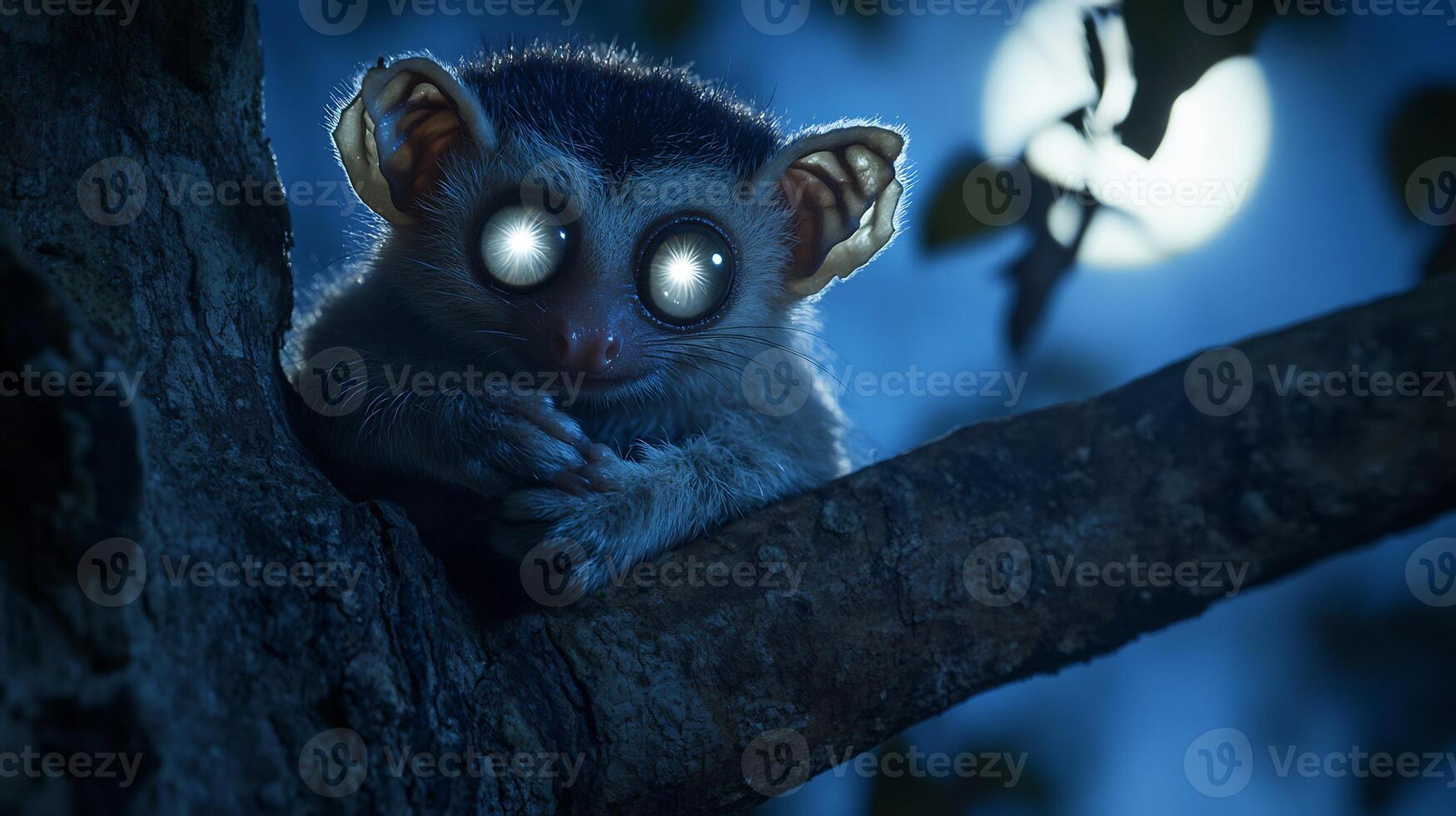 Bengal slow loris clinging a tree branch under the moonlit sky its large reflective eyes glowing softly captured with a low light telephoto lens for nocturnal drama photo