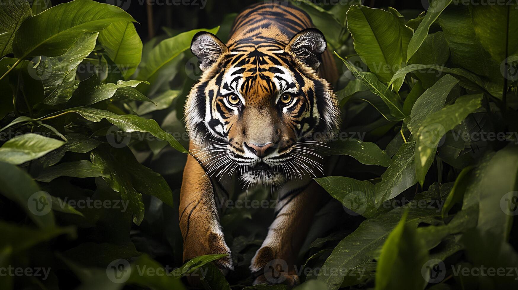 Bengal tiger prowling through dense green foliage rainforest sharp stripe camouflaging perfectly illustrating stealth elegance of endangered predator high quality image photo