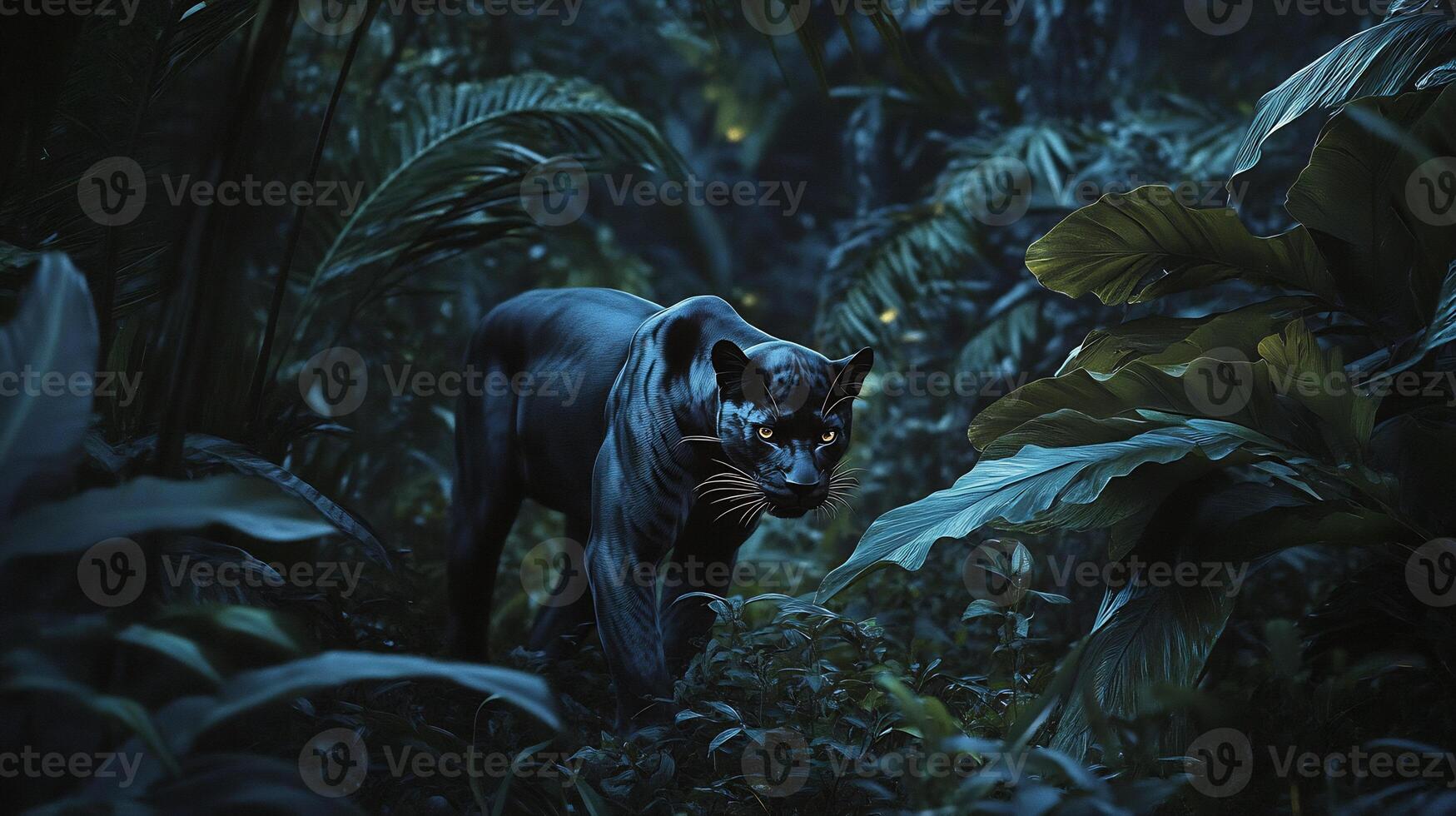 Black panther stalking silently through dense jungle at dusk its sleek coat blending into the shadows captured with a low light telephoto lens for an atmospheric feel photo