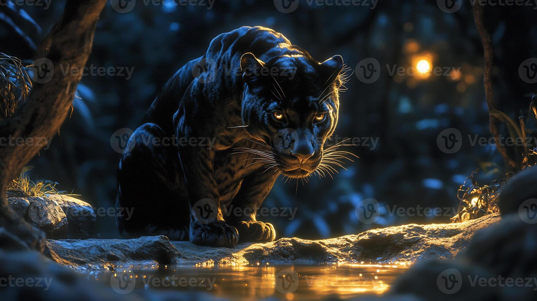 Black panther crouching near waterhole in a dense jungle its sleek black coat glowing faintly under moonlight captured with a low light telephoto lens for a dramatic nocturnal shot photo