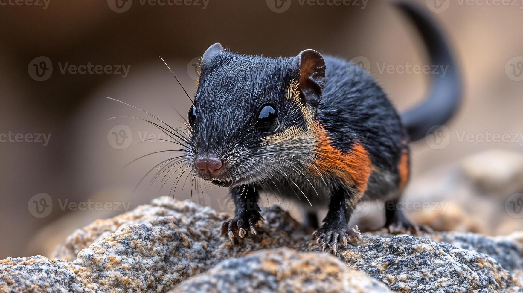 Black rufous elephant shrew scurrying across a rocky outcrop its long nose and small frame sharply highlighted by soft afternoon light captured with a macro lens for intricate close up focus photo