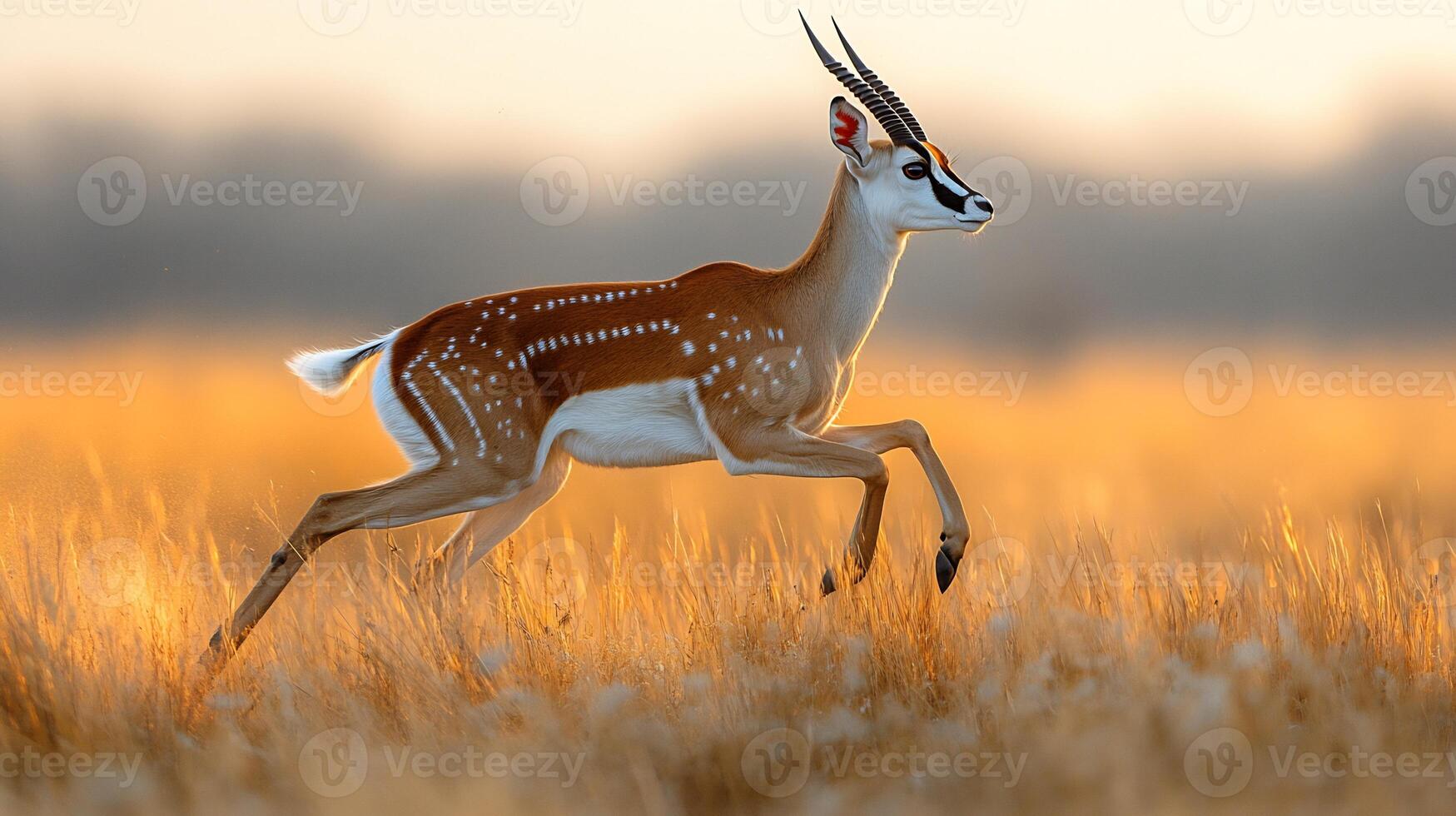Blackbuck captured mid leap through tall golden grass open savannah sleek form frozen under golden light of dawn surrounded a blur of swaying vegetation captured with a high speed telephoto lens photo