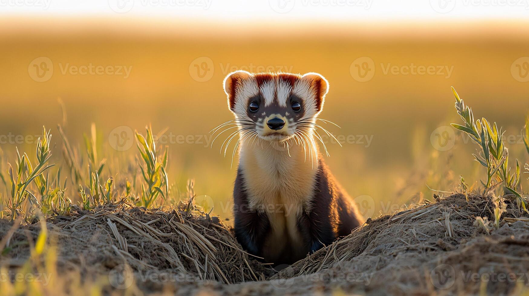 Black footed ferret emerging burrow in the middle of a vast prairie its curious eyes scanning the horizon under a golden morning light captured with a low angle telephoto lens for immersive detail photo