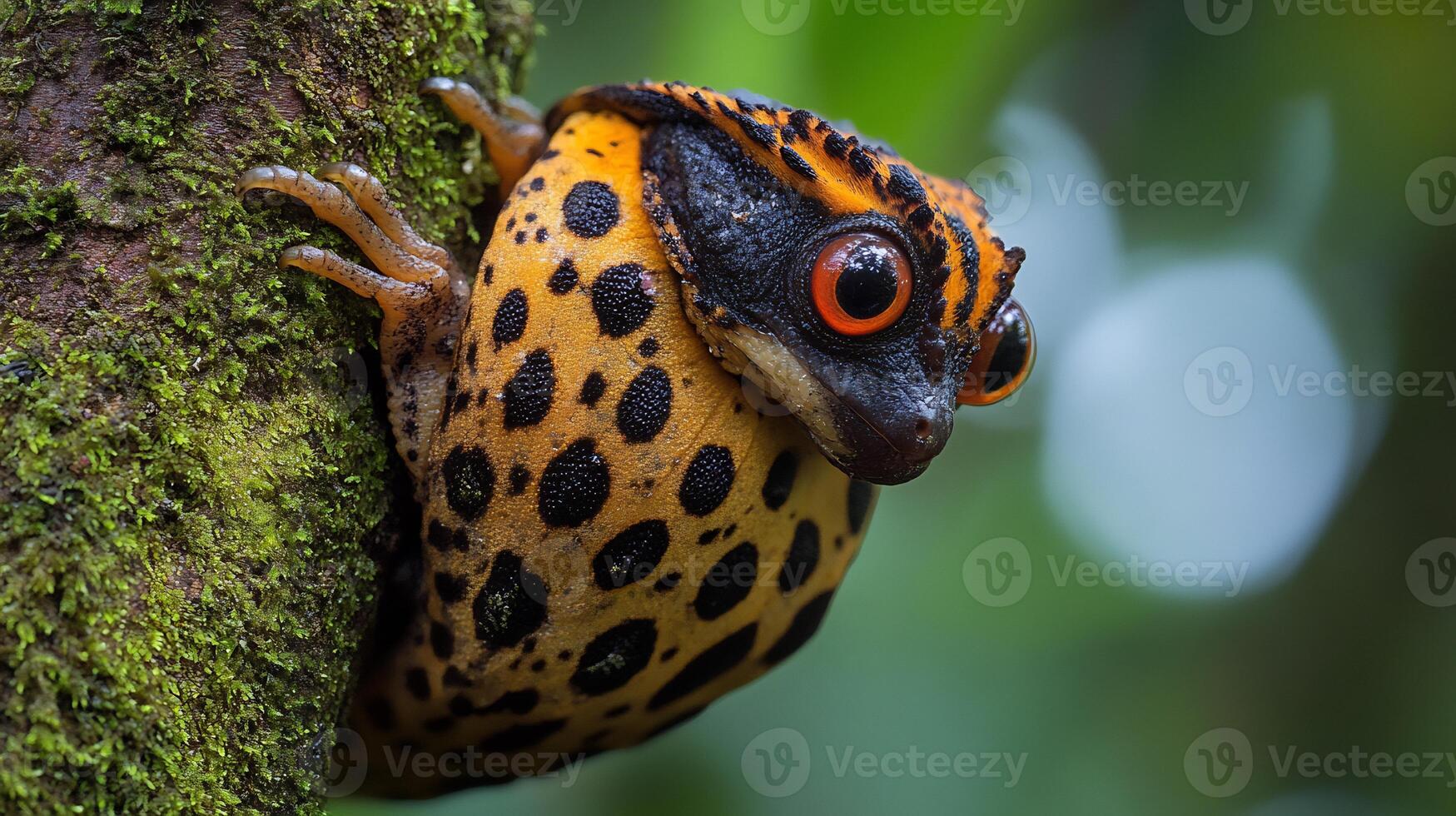 Black spotted cuscus clinging a mossy tree branch in Papua New Guineas rainforest its striking coat blending into the dense greenery captured with a shallow depth of field for subject isolation photo